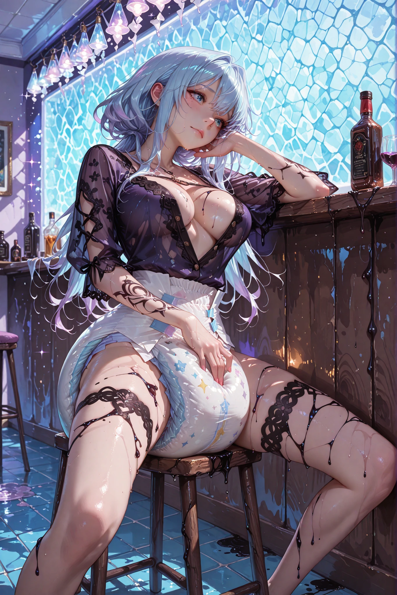 A captivating hyperrealistic digital work that seamlessly blends oil paint, alcohol ink, and colored pencil into a radiant masterpiece. The protagonist is a striking boho-gothic woman who radiates irresistible ease as she  with her hands in her bulging . Her long, luminous hair, in shades of blue, purple, and pink, with white roots, shines like enchanted silk. Her expressive light blue eyes sparkle with subtle purple hues, reflecting mystery. She sits confidently on a stool, sporting a daring adult  so exaggeratedly bulging and full of liquid that it looks like it's about to explode, dripping liquid down the side of the , wetting her legs and the stool. A delicate, unbuttoned black lace blouse contrasts with her vibrant aura, revealing her . Dreamlike tribal tattoos adorn her body, weaving a surreal beauty into this vibrant and captivating creation.  on the floor