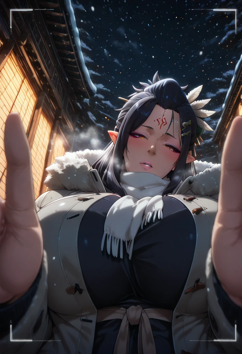 Sakuranotomoru, Hgk, (tanabe_(studio_tiamat)-style:1.4), (packge-style:1.2), (takeuchi_takashi-style:1.3), (zonda_(solid_air)-style:1.4), (imizu_(nitro_unknown)-style:1.2), ((anatomical correct)), ((Cinematic, unreal engine, eye-catching, ambient occlusion, UHD, masterpiece)), ((perfect lighting, soft shadow)), perfect body, perfect eyes, perfect fingers, gasping, heavy breathing, gasping profusely, ((skindentation)), ((curvy)), KJOtfm, elf, pointy ears, black hair, brown eyes, hair tubes, half updo, hairpin, feather hair ornament, long hair, forehead mark, purple eyeshadow, pink lips, big nose, bright pupils, (voluptuous:1.5), (mature female:1.5), 1girl, blush, scarf, looking_at_viewer, breath, solo, coat, night, embarrassed, fur_trim, snowing, winter_clothes, fur-trimmed_coat, outdoors, pov, jacket, city, cold, motion blur, viewfinder, embers, parted lips, half-closed eyes