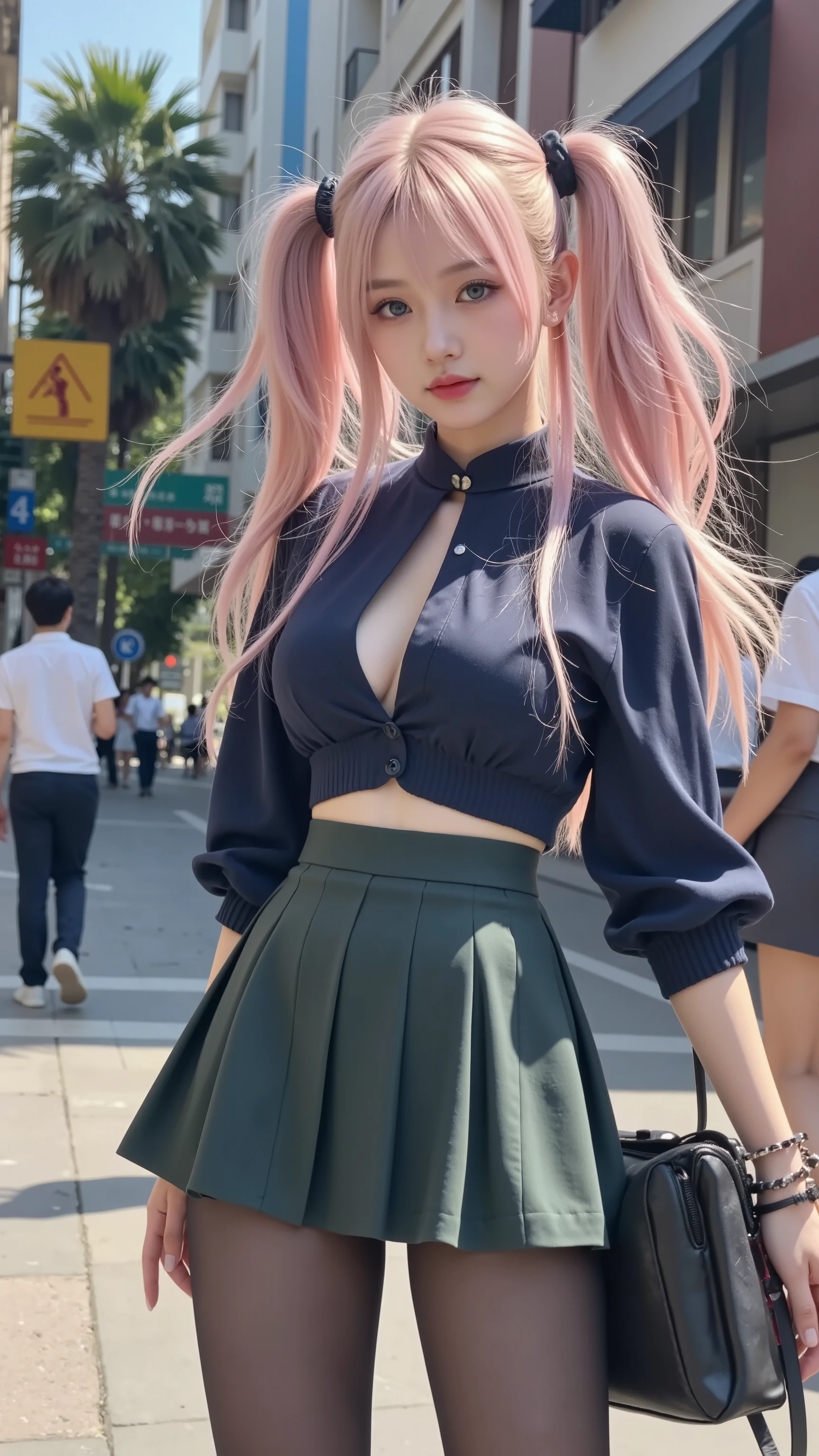 Girl with long pink hair and blue eyes in a skirt, sexy style. 8k, sexy style 4 k, artwork in the style of guweiz, cute girl, リアルなsexy style, beautiful girl, リアルなsexy style, cute girlのビジュアル, surreal high school girl, (tight waist:1.2), ((big boobs、Beautifully shaped breast milk bag)), (detailed legs on the wall、Beautiful legs:1.2, thin thighs:1.2), Highest Quality, Highest Image Quality, masterpiece, reality、ultra high definition、(detailed hands:1.2, Perfectly Right Hand:1.2)、high neck