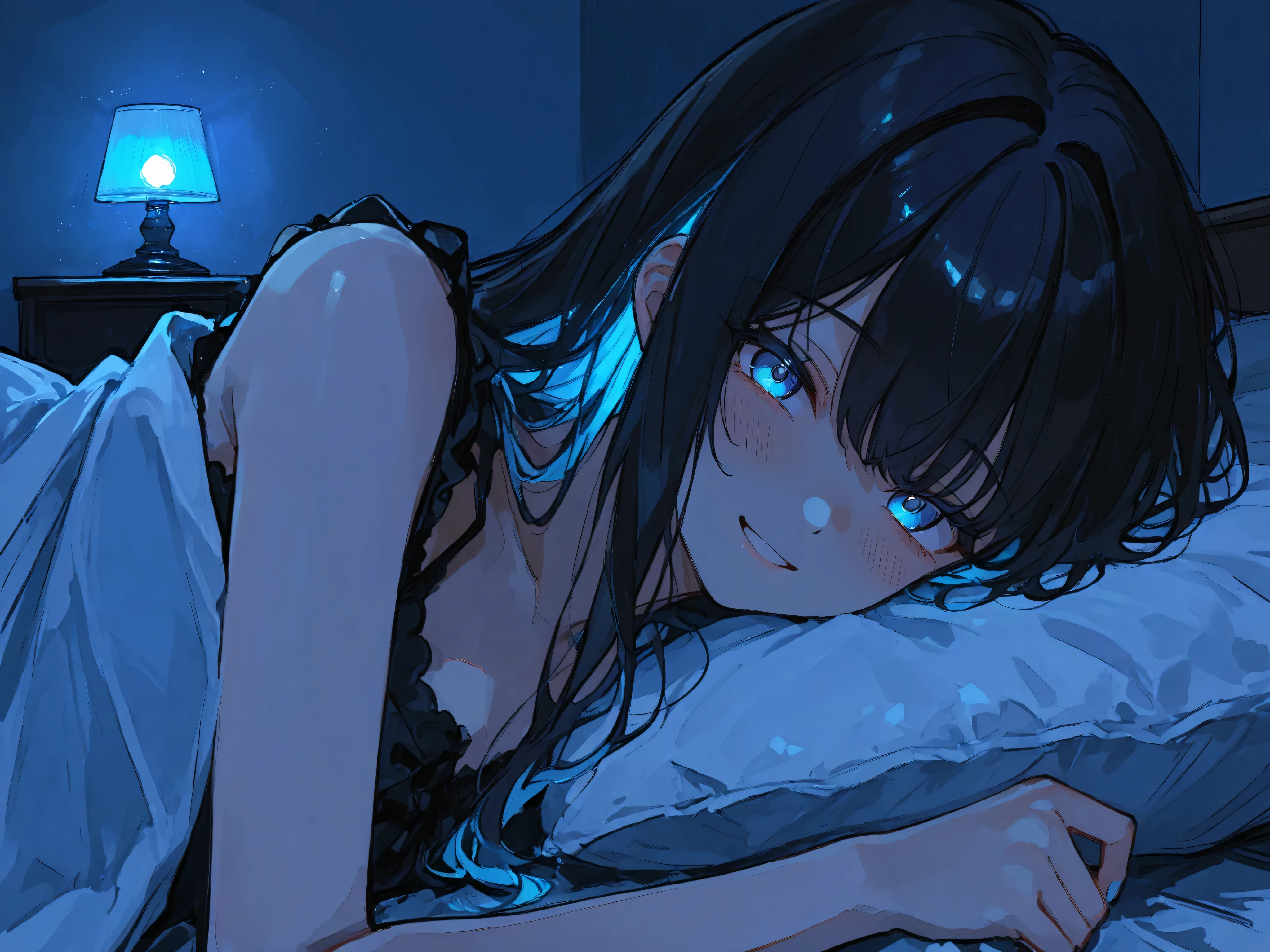 A cute but yandere girlfriend with long black hair and neon blue inner highlights, lying on a white bed at night. She is smiling sweetly, but her neon blue eyes shine with a possessive aura. The room is dimly lit by moonlight and a soft lamp, creating a contrast of black and blue. She clings to the viewer’s arm in a cuddling pose, her grip firm as if never letting go. The atmosphere is sweet and intimate, yet subtly unsettling.