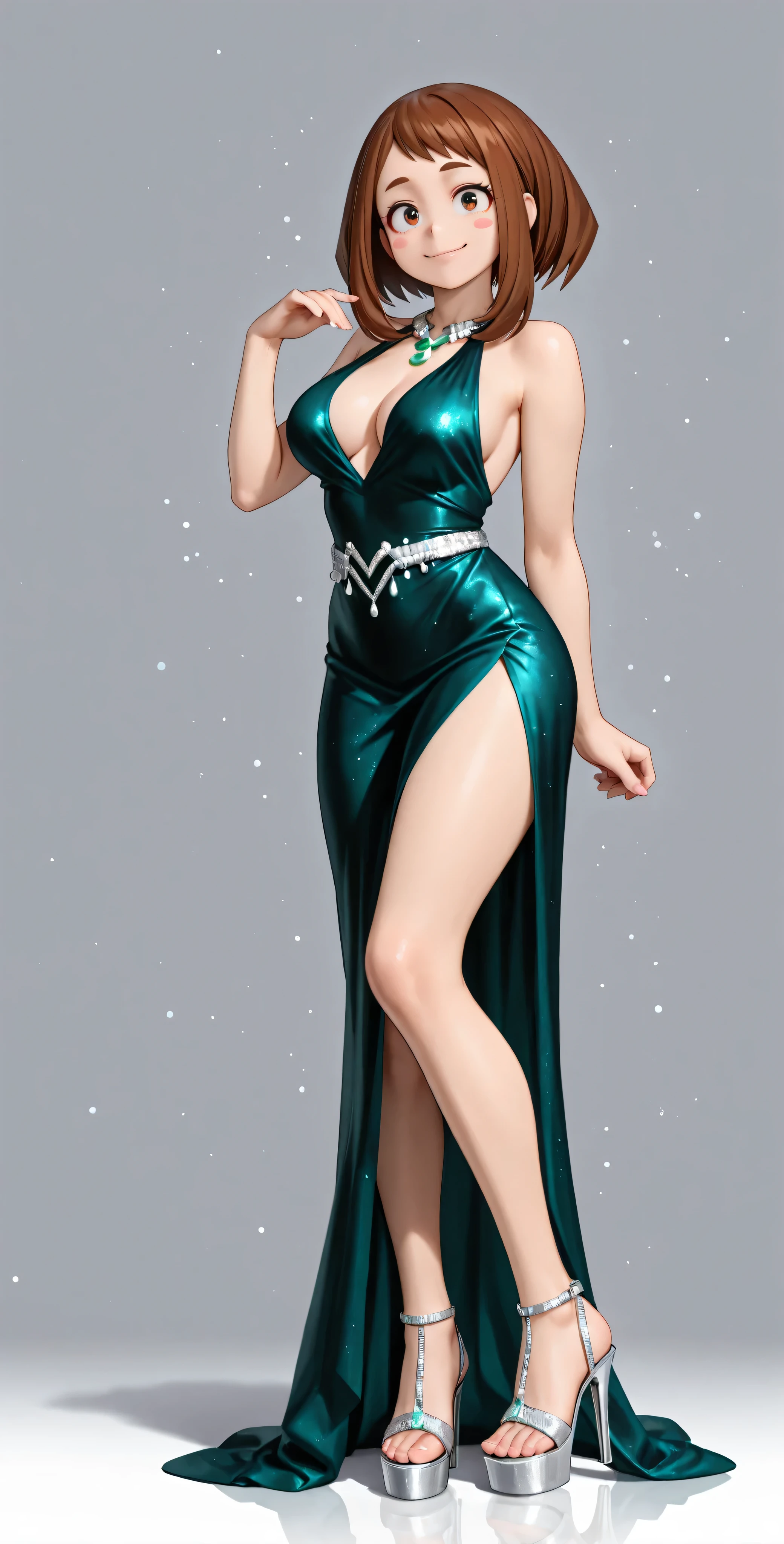 HD, 4k, clear. a girl, uraraka ochako, naughty pose. smile. alone. (gray background), Wear a beautiful dark green satin dress. evening dress adorned with silver glitter particles for added glamor. Transparent high heel sandals with platform. (hyperdetailed face), urarak4, brown hair, short hair, brown eyes, beautiful pink stickers. Photo RAW. 16K. masterpiece. Higher quality. birthday style. anatomía perfecta. manos perfectas.