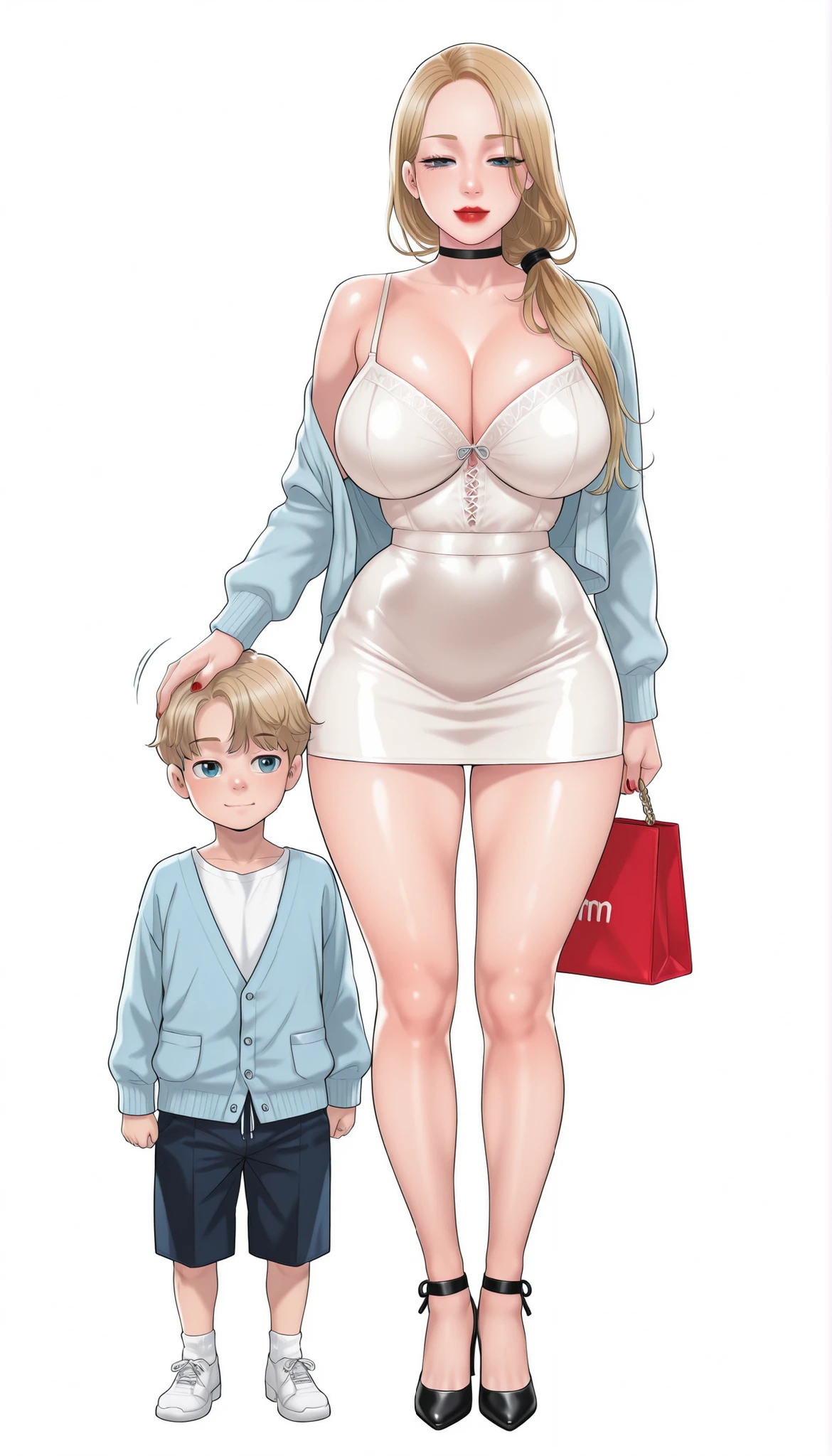 Yumi (New Town), a beautiful extremely sexy woman with long glowy sleek yellow-blonde hair, light-blue eyes, bimbo plump round red lips, bright red nails, extremely fair white glowy skin, a cinched small tight narrow waist, an hourglass figure, big breasts, a small tight cinched waist, and a sexy voluptuous-curvy body. She's wearing a revealing mini short tight lacy white dress with spaghetti straps and a V-neckline, a separate front-open unbuttoned baggy light-blue cardigan worn in an off-shoulder style over the dress, one ribbon tied in her hair, a black choker, full bare legs, and strappy black high heels. She's standing straight, keeping one hand on her little son's head, one strappy tote on one shoulder of the woman, narrowed eyes, soft smile, and a plain white empty background. Show her full body head to heels, proper middle-waist level view, and super creative hyper-detailed.