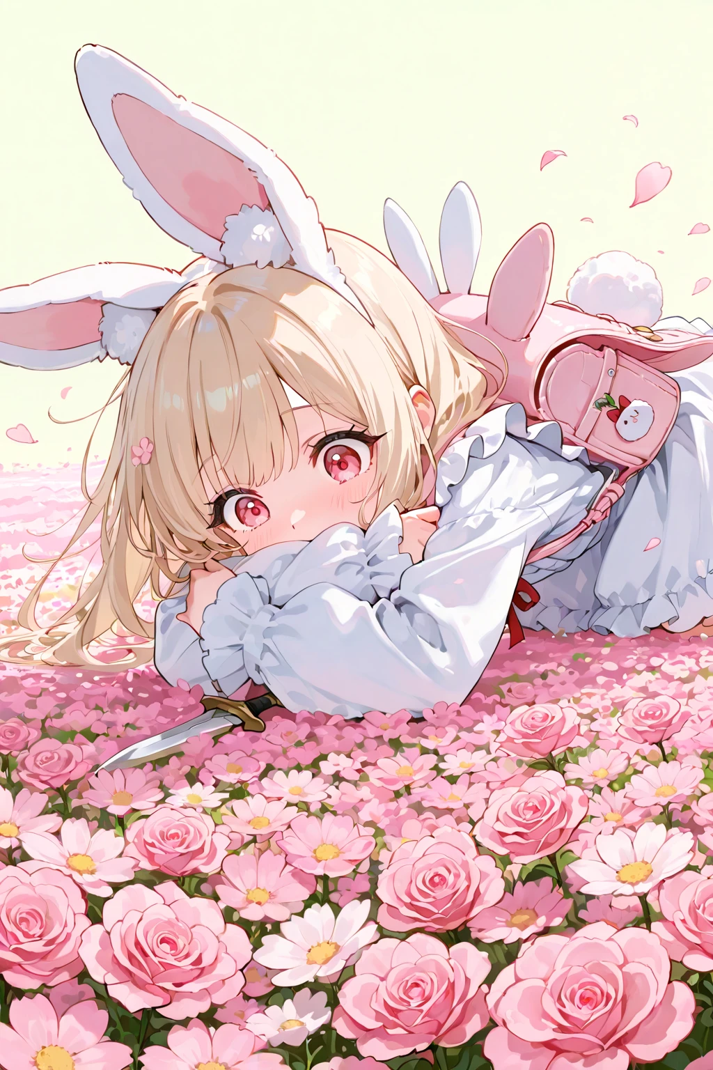  cute ふわふわ, Original Chibi Rabbit, fantasy, cute, rabbit,An illustration, grassland,Girly Bunny,Sleeping peacefully,