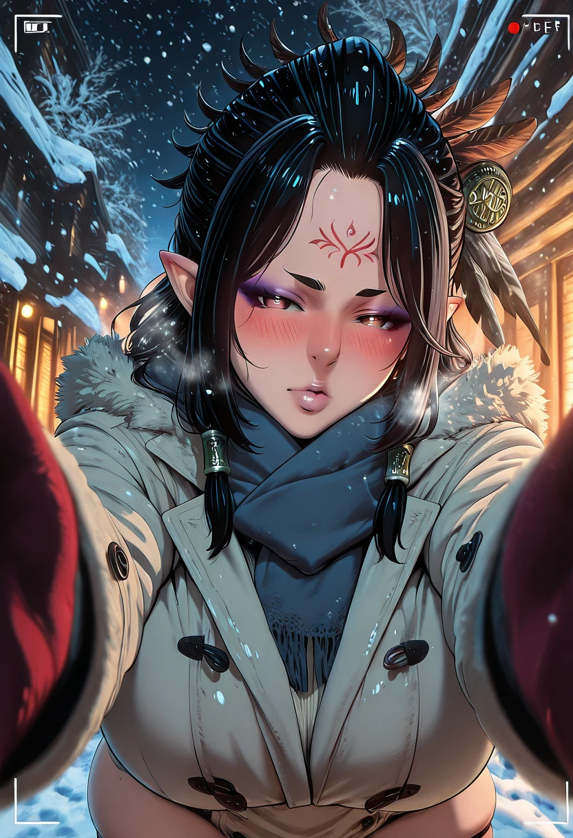 Sakuranotomoru, Hgk, (tanabe_(studio_tiamat)-style:1.4), (packge-style:1.2), (takeuchi_takashi-style:1.3), (zonda_(solid_air)-style:1.4), (imizu_(nitro_unknown)-style:1.2), ((anatomical correct)), ((Cinematic, unreal engine, eye-catching, ambient occlusion, UHD, masterpiece)), ((perfect lighting, soft shadow)), perfect body, perfect eyes, perfect fingers, gasping, heavy breathing, gasping profusely, ((skindentation)), ((curvy)), KJOtfm, elf, pointy ears, black hair, brown eyes, hair tubes, half updo, hairpin, feather hair ornament, long hair, forehead mark, purple eyeshadow, pink lips, big nose, bright pupils, (voluptuous:1.5), (mature female:1.5), 1girl, blush, scarf, looking_at_viewer, breath, solo, coat, night, embarrassed, fur_trim, snowing, winter_clothes, fur-trimmed_coat, outdoors, pov, jacket, city, cold, motion blur, viewfinder, embers, parted lips, half-closed eyes 
