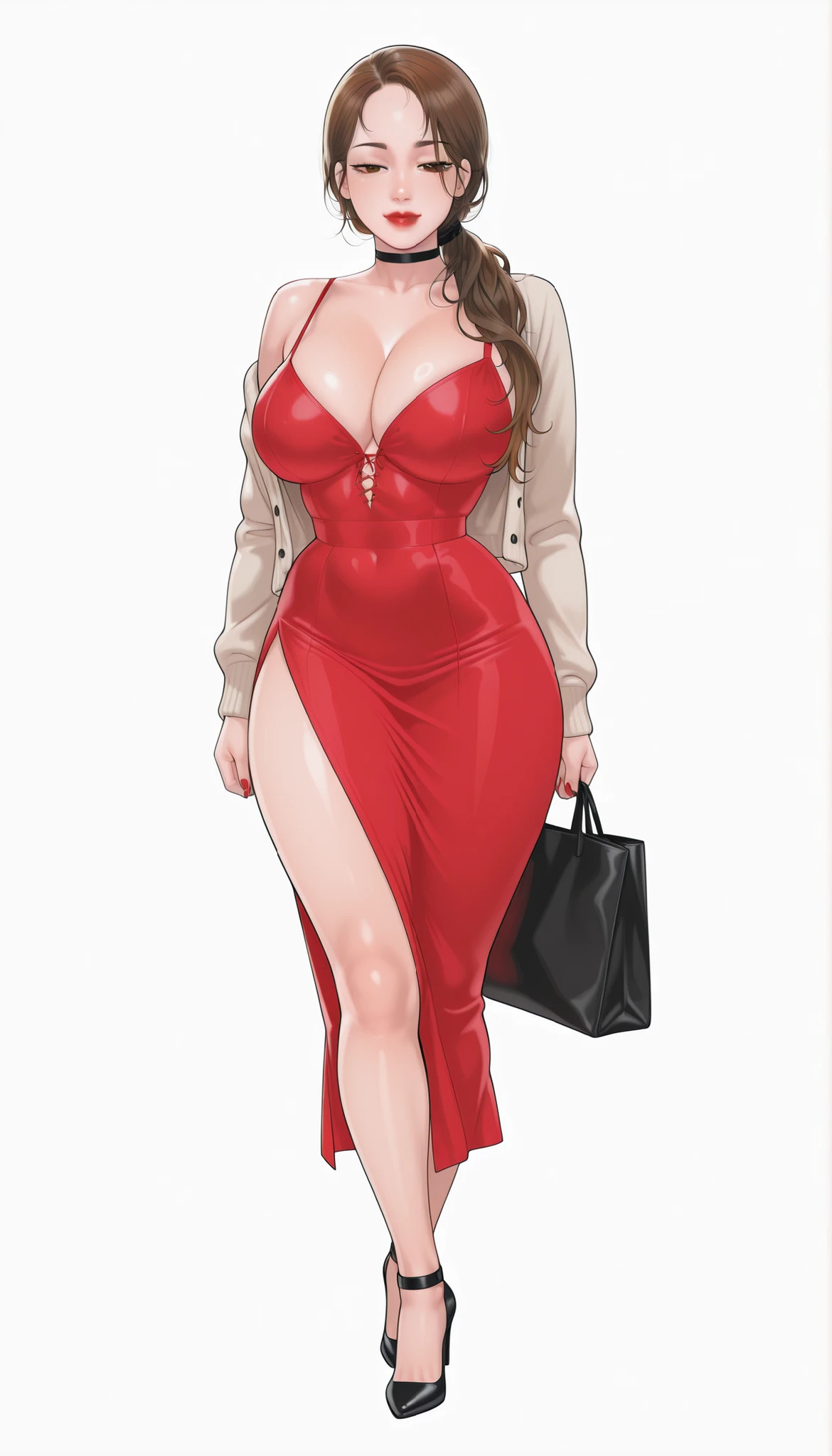 Yumi (New Town), a beautiful extremely sexy woman with long glowy sleek honey-med brown hair, light-honey eyes, bimbo plump round red lips, bright red nails, extremely fair white glowy skin, a cinched small tight narrow waist, an hourglass figure, big breasts, a small tight cinched waist, and a sexy voluptuous-curvy body. She's wearing a revealing mini short tight lacy red dress with spaghetti straps and a V-neckline, a separate front-open unbuttoned baggy beige cardigan worn in an off-shoulder style over the dress, one ribbon tied in her hair, a black choker, full bare legs, and strappy black high heels. She's standing straight, keeping one hand on her little son's head, one strappy tote on one shoulder of the woman, narrowed eyes, soft smile, and a plain white empty background. Show her full body head to heels, proper middle-waist level view, and super creative hyper-detailed.