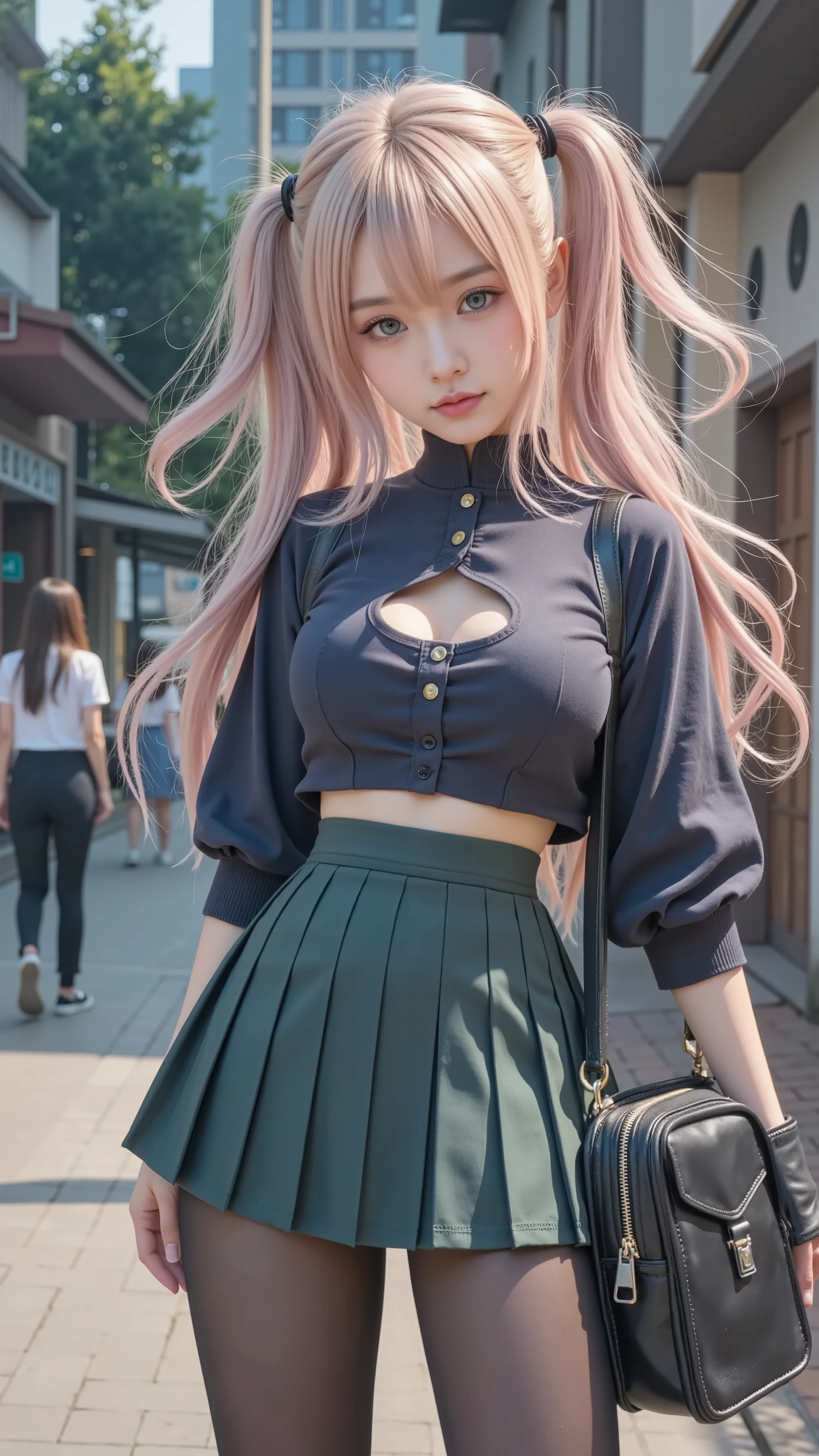 Girl with long pink hair and blue eyes in a skirt, sexy style. 8k, sexy style 4 k, artwork in the style of guweiz, cute girl, リアルなsexy style, beautiful girl, ((Babyface:1.3, young model face:1.2)),リアルなsexy style, cute girlのビジュアル, surreal high school girl, (tight waist:1.2), ((big boobs:1.4、cutout、 cleft)), (detailed legs on the wall、Beautiful legs:1.2, thin thighs:1.2), Highest Quality, Highest Image Quality, masterpiece, reality、ultra high definition、(detailed hands:1.2, Perfectly Right Hand:1.2)