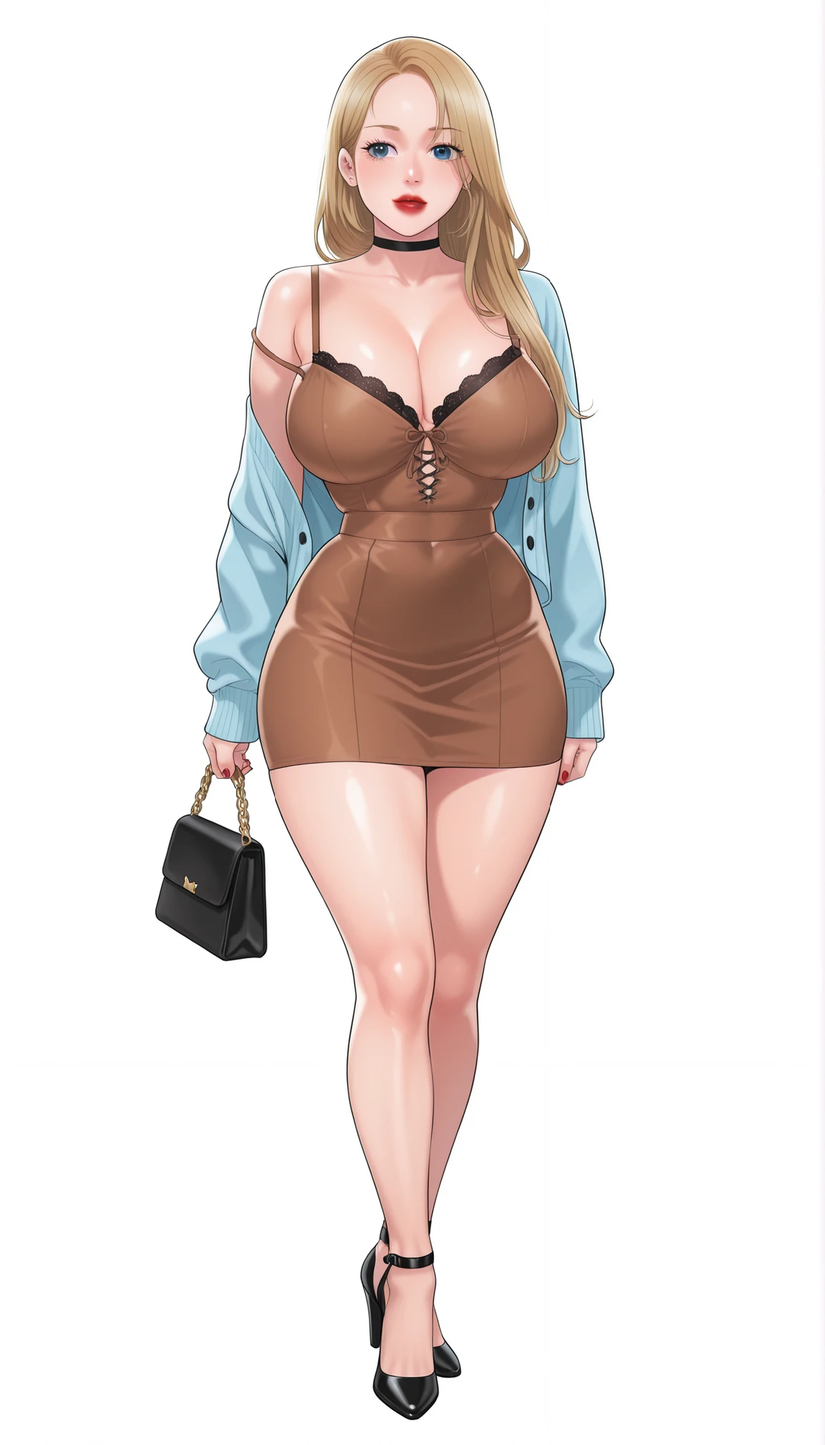 Yumi (New Town), a beautiful extremely sexy woman with long glowy sleek yellow-blonde hair, big blue eyes, bimbo plump round red lips, bright red nails, extremely fair white glowy skin, a cinched small tight narrow waist, an hourglass figure, big breasts, a small tight cinched waist, and a sexy voluptuous-curvy body. She's wearing a revealing mini short tight lacy brown dress with spaghetti straps and a V-neckline, a separate front-open unbuttoned baggy light-blue cardigan worn in an off-shoulder style over the dress, one ribbon tied in her hair, a black choker, full bare legs, and strappy black high heels. She's standing straight, one strappy tote on one shoulder of the woman, soft smile, and a plain white empty background. Show her full body head to heels, proper middle-waist level view, SOLO, and super creative hyper-detailed.