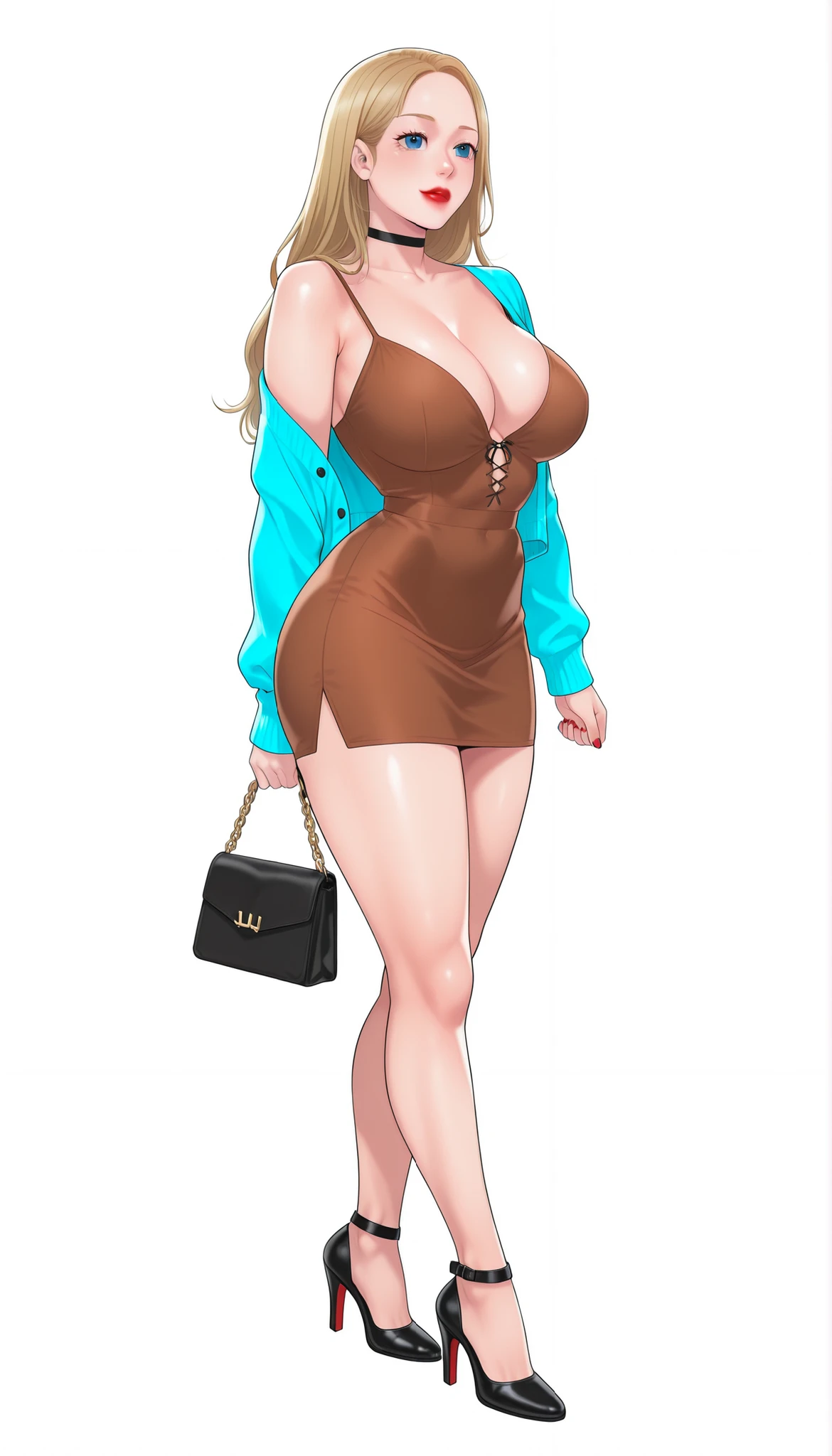Yumi (New Town), a beautiful extremely sexy woman with long glowy sleek yellow-blonde hair, big blue eyes, bimbo plump round red lips, bright red nails, extremely fair white glowy skin, a cinched small tight narrow waist, an hourglass figure, big breasts, a small tight cinched waist, and a sexy voluptuous-curvy body. She's wearing a revealing mini short tight lacy brown dress with spaghetti straps and a V-neckline, a separate front-open unbuttoned baggy light-blue cardigan worn in an off-shoulder style over the dress, one ribbon tied in her hair, a black choker, full bare legs, and strappy black high heels. She's standing straight, one strappy tote on one shoulder of the woman, soft smile, and a plain white empty background. Show her full body head to heels, proper middle-waist level view, SOLO, and super creative hyper-detailed.