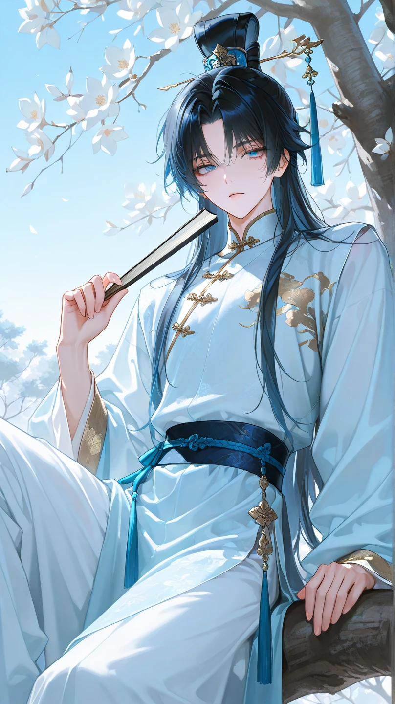 Masterpiece, Superb Style, Two Men, Chinese Style, Ancient Chinese, Black Hair, Gray and Blue Eyes, Split Hair, Long Hair, Long Bangs, High Ponytail, Handsome, Masculine, Gentle, Tall, Quiet, Cyan Robe, Outdoor, Wind Comfort, Young Man, Sad, Posture, (Hanfu, Ming Style), (Ming Architectural Background)