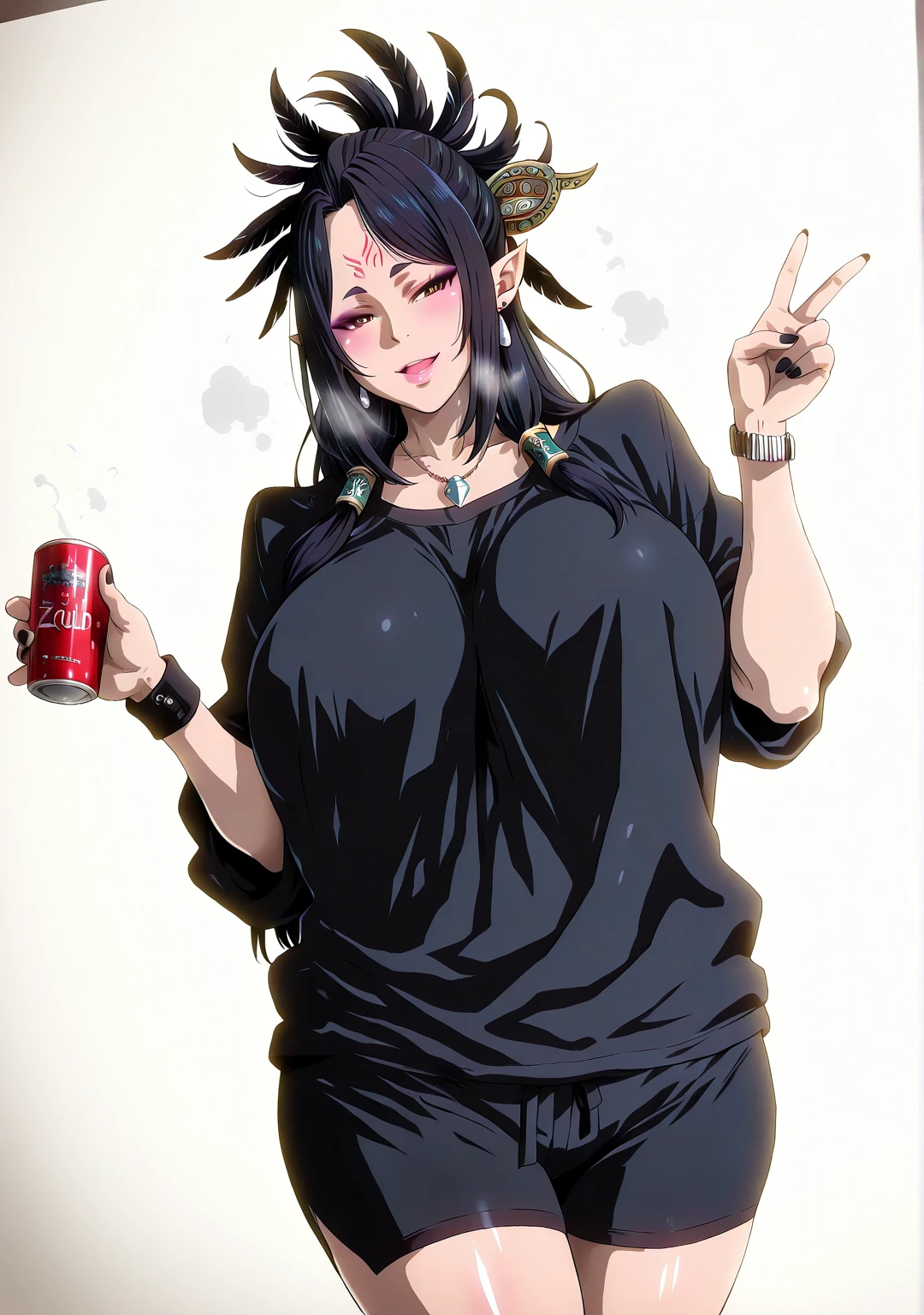 Sakuranotomoru, Hgk, (tanabe_(studio_tiamat)-style:1.4), (packge-style:1.2), (harayutaka-style:1.3), (zonda_(solid_air)-style:1.4), (imizu_(nitro_unknown)-style:1.2), ((anatomical correct)), ((Cinematic, unreal engine, eye-catching, ambient occlusion, UHD, masterpiece)), ((perfect lighting, soft shadow)), perfect body, perfect eyes, perfect fingers, gasping, heavy breathing, gasping profusely, ((overhang)), ((curvy)), KJOtfm, elf, pointy ears, black hair, brown eyes, hair tubes, half updo, hairpin, feather hair ornament, long hair, forehead mark, purple eyeshadow, pink lips, big nose, bright pupils, (voluptuous:1.5), (mature female:1.5), solo, can, black_nails, jewelry, shirt, black_shirt, white_background, holding, necklace, 1girl, earrings, shorts, v, smile, looking_at_viewer, holding_can, simple_background, nail_polish, wristband, open_mouth, black_shorts