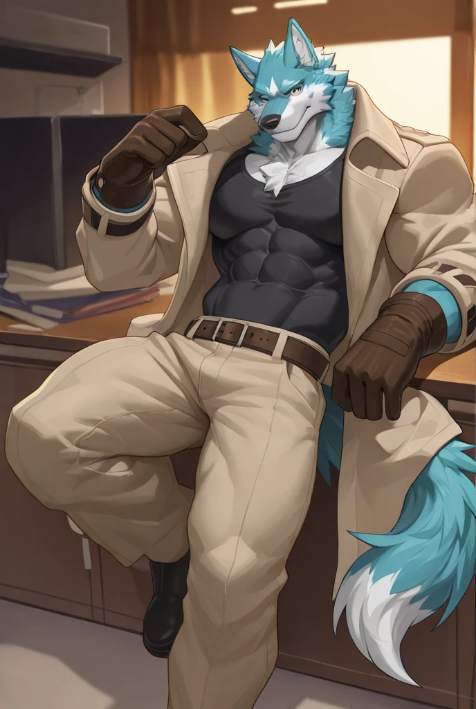 Barefoot hypnotised WereGarurumon, gag in the mouth, looking up, trapped in a black straitjacket, sitting imprisoned in a padded asylum cell, wearing long hospital pants, legs stretched out in front of him, visible detailed paws.