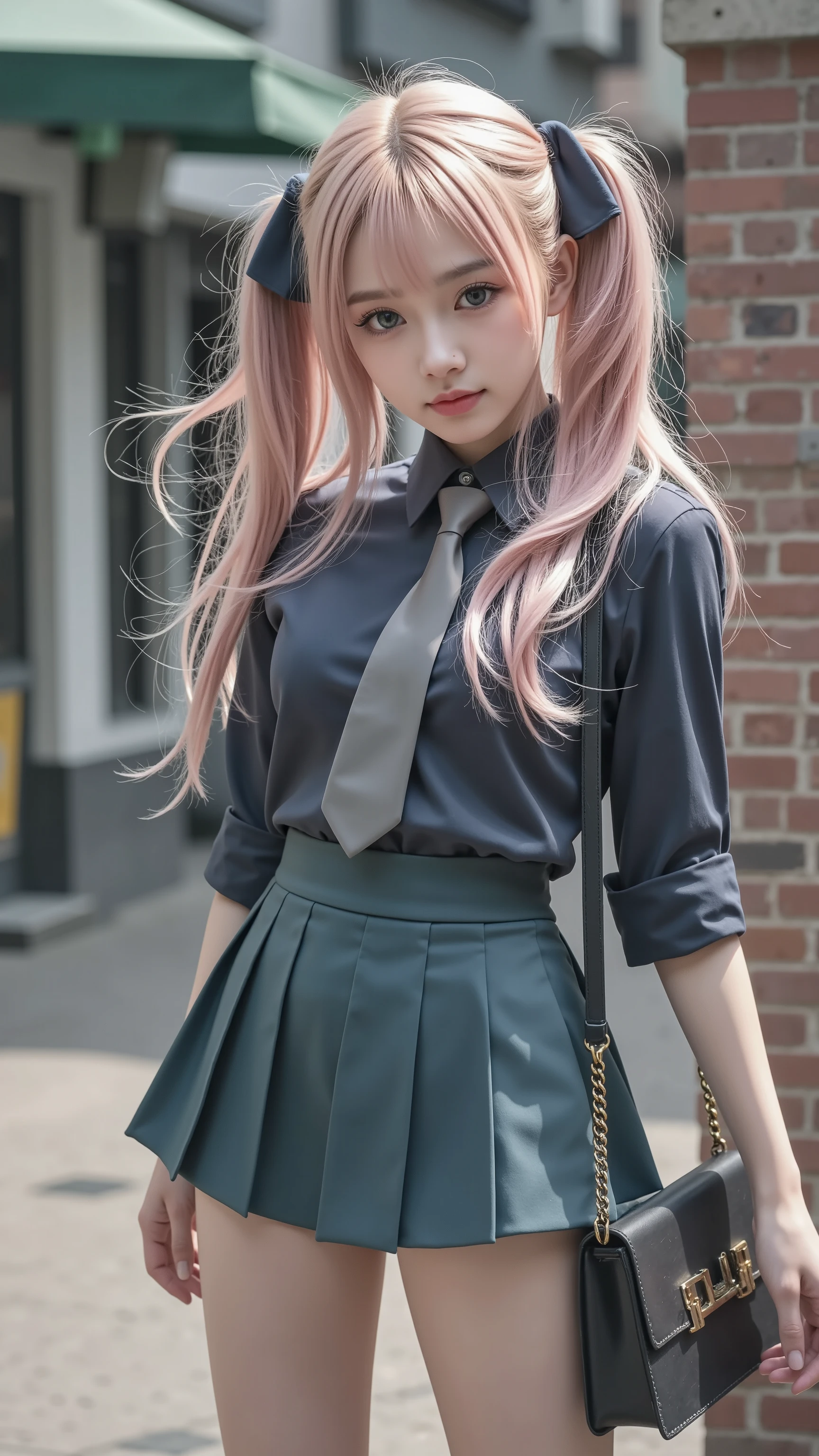 Girl with long pink hair and blue eyes in a skirt, sexy style. 8k, sexy style 4 k, artwork in the style of guweiz, cute girl, リアルなsexy style, beautiful girl, ((Babyface:1.3, young model face:1.2)),リアルなsexy style, cute girlのビジュアル, surreal high school girl, (tight waist:1.2), ((big boobs:1.4、cutout、 cleft)), (detailed legs on the wall、Beautiful legs:1.2, thin thighs:1.2), Highest Quality, Highest Image Quality, masterpiece, reality、ultra high definition、(detailed hands:1.2, Perfectly Right Hand:1.2)