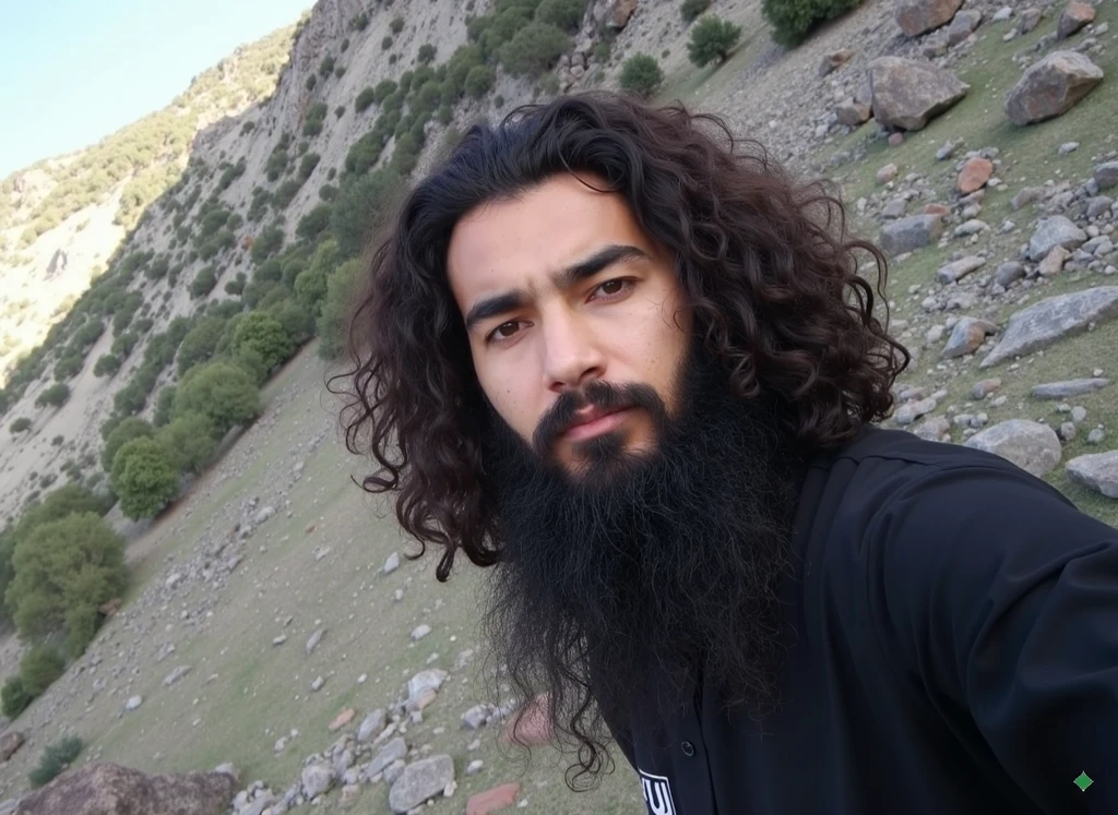 Arafed man with long hair and a beard standing in front of a mountain ...