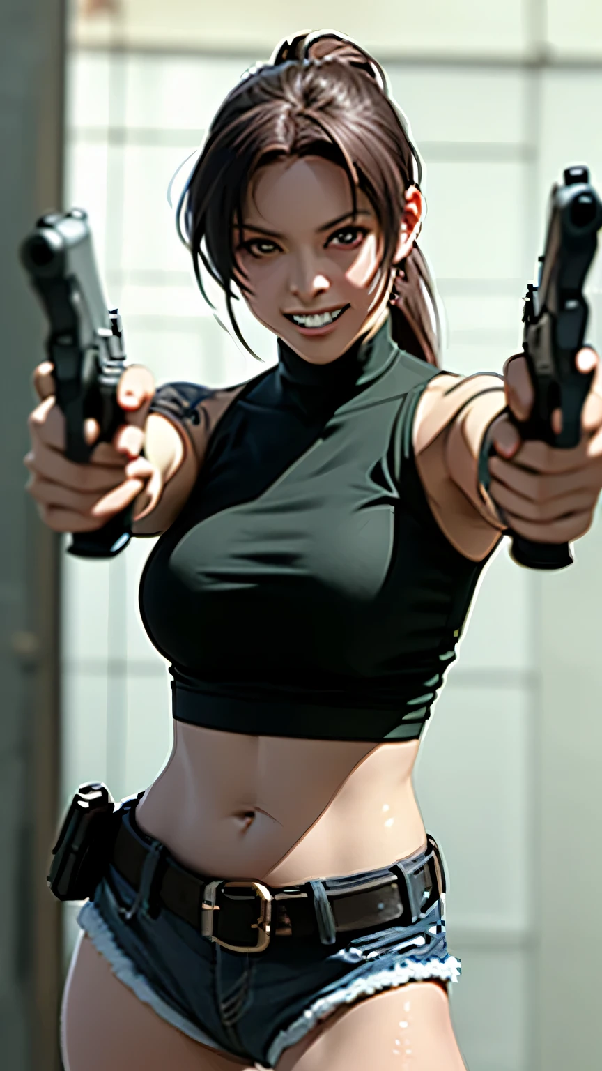 masterpiece, best quality, very aesthetic, movie quality, depth of field,soft saturation, focused subject, anime screenshot, anime coloring,official style, Revy main outfit, Revy (character), 1girl, solo shoulder holster, revy (black lagoon), burgundy hair,  ponytail, amber eyes, tattoo,holster, ((black tank top)), ((denim shorts)), ((belly button)), ((holding beretta 92)), ((holding two pistols in both hands)), ((holding two pistols in both hands)), BREAK, (((evil grin))), (((dynamic pose))), (((looking at viewer)))