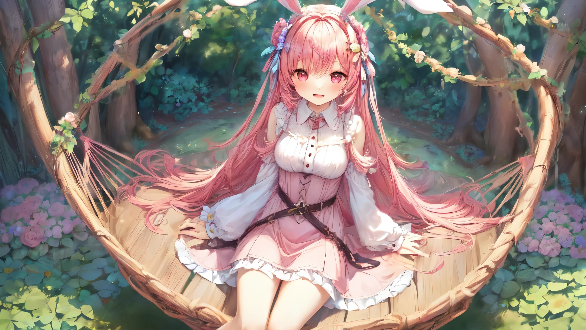 (Highest Quality, Super Detailed:1.5), 8k,(one girl), (Elf Girl with Rabbit Ears:1.5),Platinum Blonde Hair, very long hair, round eyes,(Rabbit Ears Grow:1.5), ( RED Beautiful Eyes :1.5), full body, lift arms backwards, small breasts,(Beautiful Vines and Flowers々I'm playing with fairies like rabbits:1.5),(  beautiful flowers  々of each tree is in full bloom:1.5), (Beautiful Fantastic Forest in the Background:1.5), (long sleeve white and pink ruffle collar mini dress:1.5), (I'm sitting in a hammock。The hammock swings :1.5),(Girl holding a biologically accurate rabbit:1.5),

