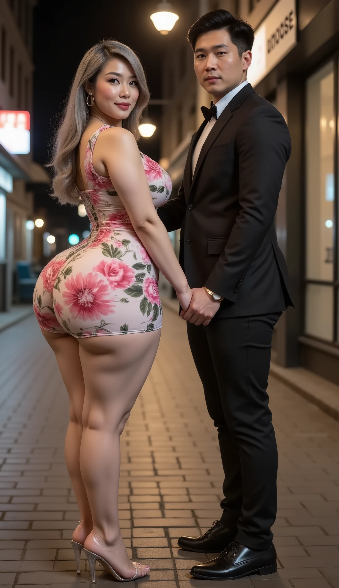 An Asian attractive mature woman with a provocative curvaceous body, is 60 years old and has a figure with prominent curves, a plump with perfect proportions curves, generous curves and plus-size, a body with an hourglass figure, her voluptuous wide hips harmonize with slender wasp waist, with wide legs and wide thighs well-shaped, and her butt in good shape, plump and shaped buttocks. She has characteristics typical of her age, slight wrinkles on her face and gray hair, long hair with an elegant vintage style hairstyle, has beautiful and fine facial features. She wear a short tight floral gown and wears transparent glass heels. She is walking on the trotoar in the city , she is a bride for her young skinny son 20 years old. her young skinny son in a casual suit and black hair, He is next to her holding hands, walking on the trotoar in the city at night time, look at camera, he holds her with passion and places his hands close to her buttocks. they was captured is a modern hyperrealistic cinematic style, captured on a full body overview, with hyperrealistic details and good focus quality.