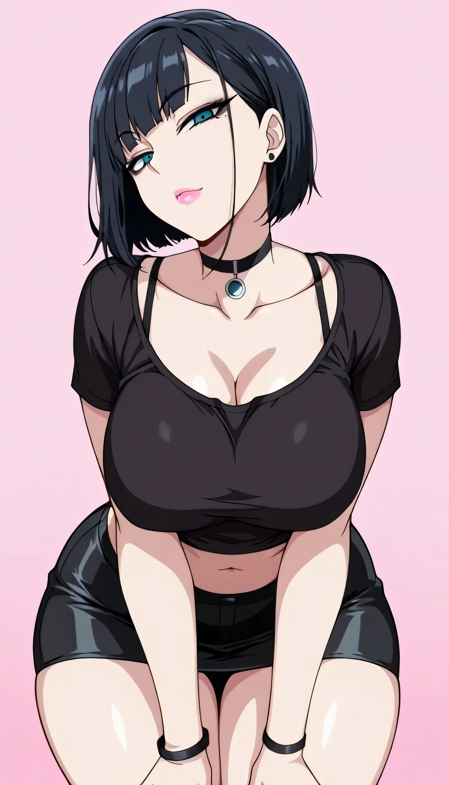 Masterpiece, best quality, 1girl, pale skin, short hair, black hair, straight bangs, blue eyes, black eyeliner, pink lips, curvy body, large breasts, wide hips, dark circles, black t-shirt, black bra straps, navel, black miniskirt, black choker, black bracelets, seductive, leaning forward, light pink background