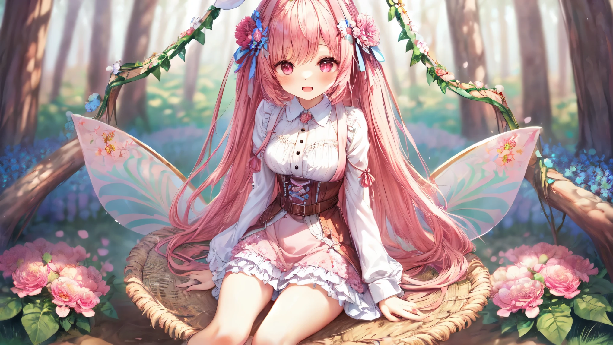 (Highest Quality, Super Detailed:1.5), 8k,(one girl), (Elf Girl with Rabbit Ears:1.5),Platinum Blonde Hair, very long hair, round eyes,(Rabbit Ears Grow:1.5), ( RED Beautiful Eyes :1.5), full body, lift arms backwards, small breasts,(Beautiful Vines and Flowers々I'm playing with fairies like rabbits:1.5),(  beautiful flowers  々of each tree is in full bloom:1.5), (Beautiful Fantastic Forest in the Background:1.5), (long sleeve white and pink ruffle collar mini dress:1.5), (I'm sitting in a hammock。The hammock swings :1.5),(Girl holding a biologically accurate rabbit:1.5),

