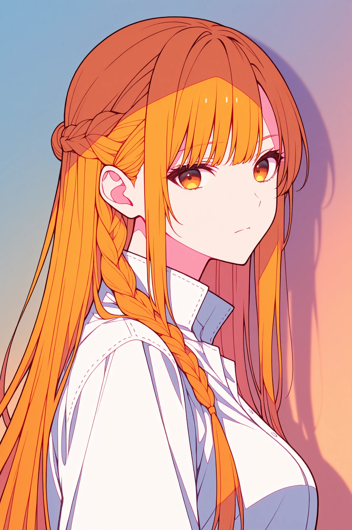 1girl, Yuuki Asuna, long hair, orange blond hair, ((hazel eyes)), straight bangs, side braid half updo, solo, soft curves, real light and shadow, beautiful detailed face, intricate details, masterpiece, best quality, color_gradient background,