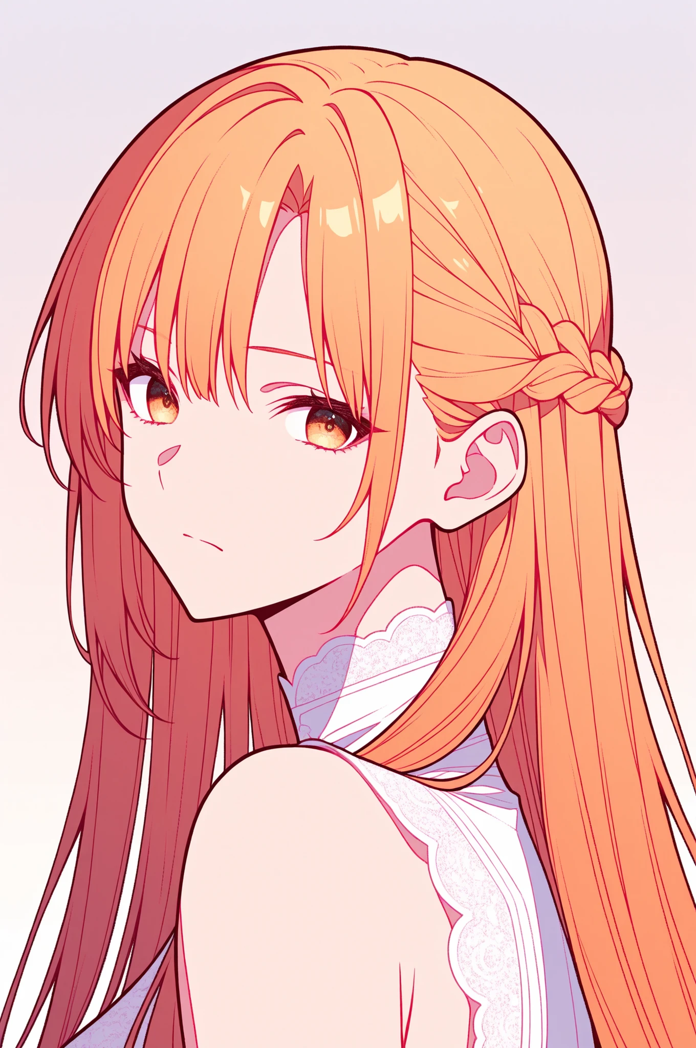 1girl, Yuuki Asuna, long hair, orange blond hair, ((hazel eyes)), straight bangs, side braid half updo, solo, soft curves, real light and shadow, beautiful detailed face, intricate details, masterpiece, best quality, color_gradient background,
