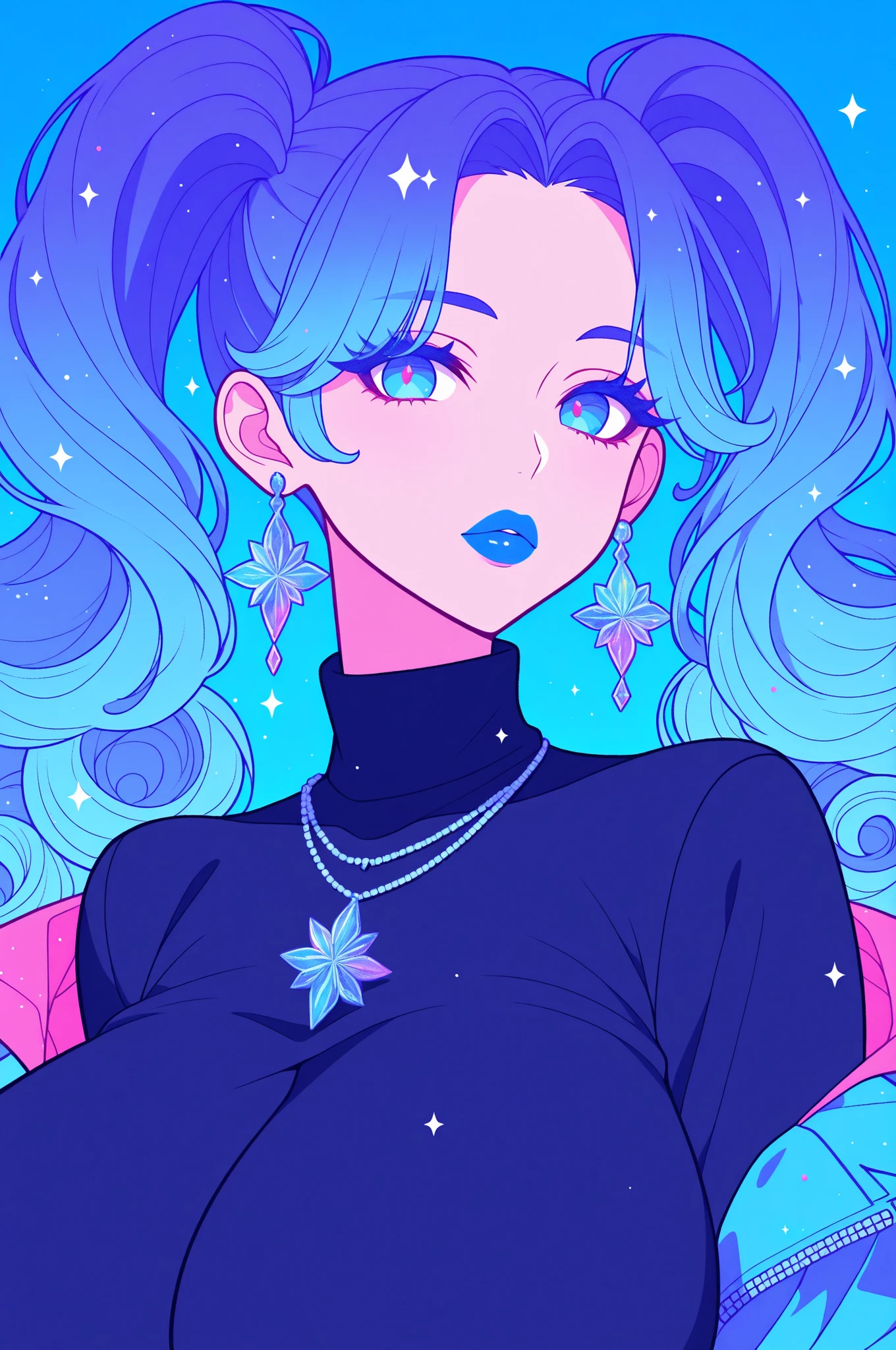 face closeup, glitter,  voluptuous, sexy woman, very long curly hair in long curly pigtails, icy blue hair, icy blue eyes, icy blue eyeshadow, blue eyelashes, blue clothing, blue lips, blue earrings and necklace, gigantic breasts, turtleneck and jacket, looking at viewer,  puffy lips, iridescent colors, flowers, trees, sky, detailed background ,
