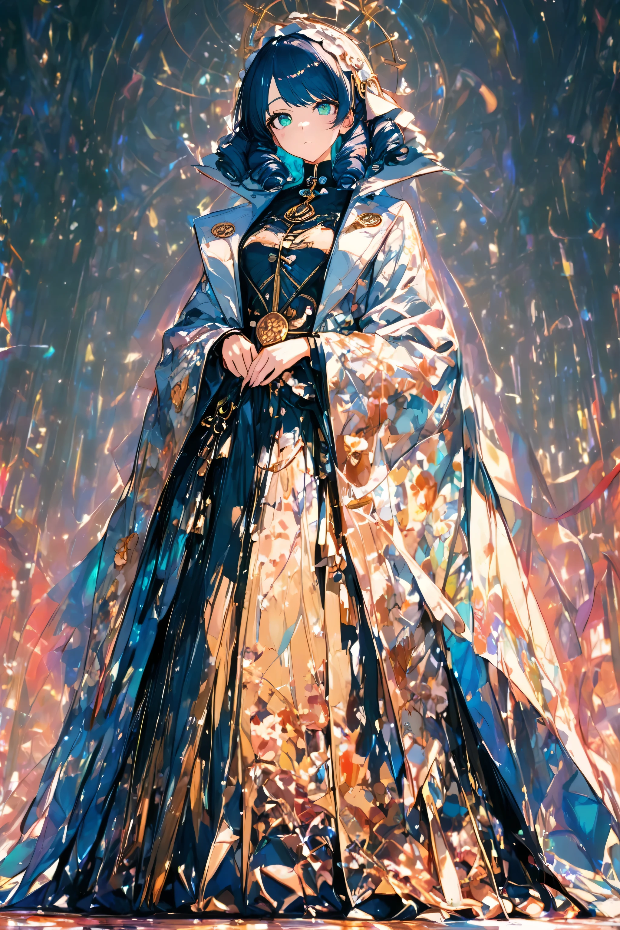 a detailed anime-style character , human, standing, full body, front view ,high quality,cyan theme detailed eyes, intricate details,soft lighting, sharp focus, semi real,8k, anime character, vibrant colours , delicate features,detailed eyes, contemplative pose, head slightly turned,. The overall design emphasizes sharp angles, a high collar. Perfectly framed , nothing cropped out , fully visible , ( nothing cropped out :1.4)"