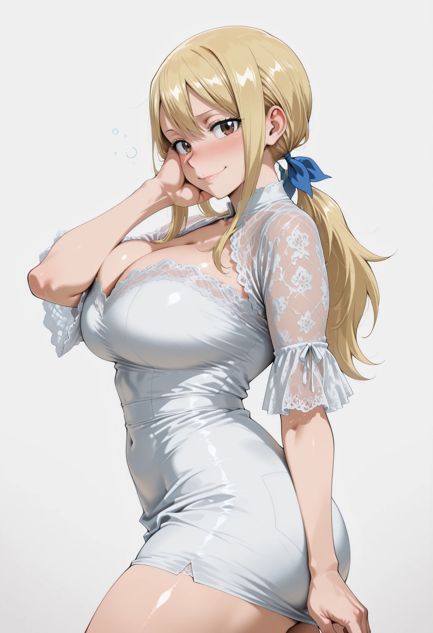 score_9, score_8_up, score_7_up, source_anime, lucy heartfilia, long hair, blonde hair, large breasts, brown eyes,,, blue hair ribbon,, blush, drunk,, , looking at viewer,, , solo,, large breasts, big ass, thick thigs, wide hips, slim waist, mature body, nose blush,, looking at viewer, nice legs, legs, standing, solo, female, shiny skin, shiny hair, shiny body, clear body,,, cowboy shot ,,,, ,,,, , looking at viewer, NOSE BLUSH,,wide hips, slim waist,, CLEAVAGE, shiny skin, shiny hair, shiny body, clear body, , solo, STANDING, POSING, thick thighs, thighs, solo, standing, POSING,, perfect eyes, white background, empty background, distinc shadows, solo, large breasts, thick thigh, dynamic pose, navel ,midriff,,, LOOKING AT VIEWER, WHITE BACKGROUND, EMPTY BACKGROUND, soft smile,, DYNAMIC POSE,, big ass, one hand behind on her, one hand on face, view from side, side pose, side looking, side view, large breasts, short dress, lace sleeves,short dress, lace sleeves