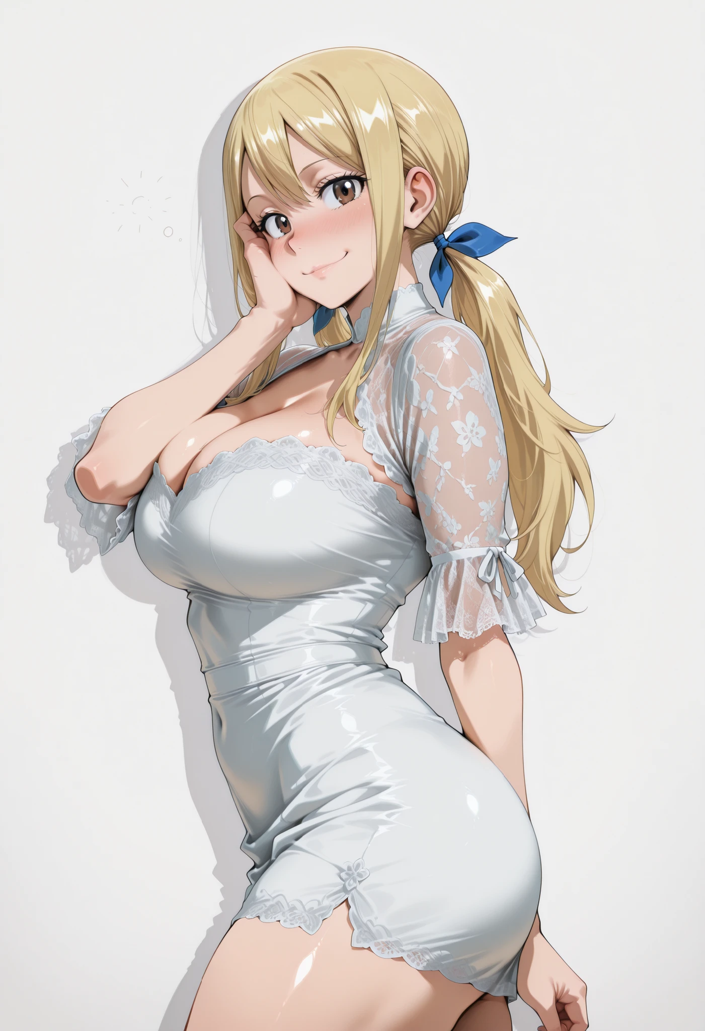 score_9, score_8_up, score_7_up, source_anime,  lucy heartfilia, long hair, blonde hair, large breasts, brown eyes,,, blue hair ribbon,, blush, drunk,, , looking at viewer,, , solo,, large breasts, big ass, thick thigs, wide hips, slim waist, mature body, nose blush,, looking at viewer, nice legs, legs, standing, solo, female, shiny skin, shiny hair, shiny body, clear body,,, cowboy shot ,,,, ,,,, , looking at viewer, NOSE BLUSH,,wide hips, slim waist,, CLEAVAGE, shiny skin, shiny hair, shiny body, clear body, , solo, STANDING, POSING, thick thighs, thighs, solo, standing, POSING,, perfect eyes,  white background, empty background, distinc shadows,  solo, large breasts, thick thigh, dynamic pose, navel ,midriff,,, LOOKING AT VIEWER, WHITE BACKGROUND, EMPTY BACKGROUND, soft smile,, DYNAMIC POSE,, big ass, one hand behind on her, one hand on face, view from side, side pose, side looking, side view,  large breasts, short dress, lace sleeves,short dress, lace sleeves