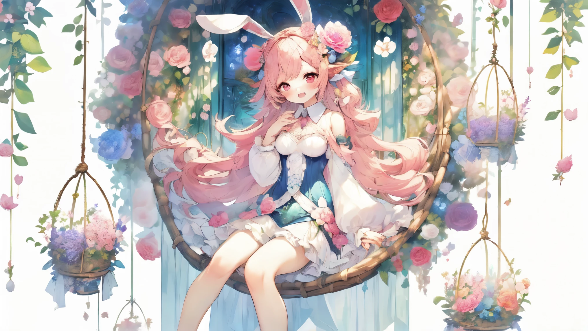 (Highest Quality, Super Detailed:1.5), 8k,(one girl), (Elf Girl with Rabbit Ears:1.5),Platinum Blonde Hair, very long hair, round eyes,(Rabbit Ears Grow:1.5), ( RED Beautiful Eyes :1.5), full body, lift arms backwards, small breasts,(Beautiful Vines and Flowers々I'm playing with fairies like rabbits:1.5),( beautiful flowers 々of each tree is in full bloom:1.5), (Beautiful Fantastic Forest in the Background:1.5), (long sleeve white and pink ruffle collar mini dress:1.5), (I'm sitting in a hammock。The hammock swings :1.5),(Girl holding a biologically accurate rabbit:1.5),