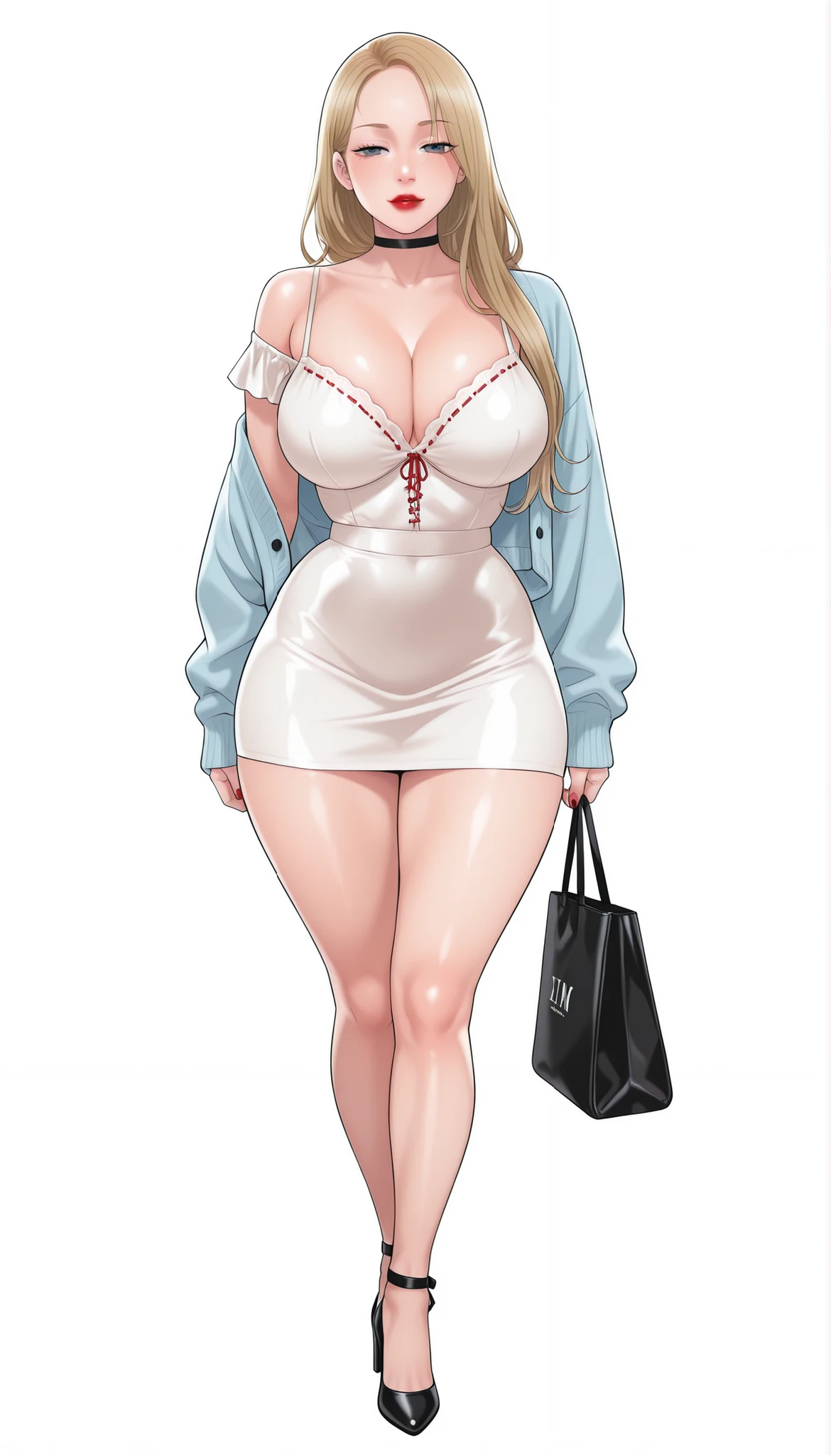 Yumi (New Town), a beautiful extremely sexy woman with long glowy sleek yellow-blonde hair, light-blue eyes, bimbo plump round red lips, bright red nails, extremely fair white glowy skin, a cinched small tight narrow waist, an hourglass figure, big breasts, a small tight cinched waist, and a sexy voluptuous-curvy body. She's wearing a revealing mini short tight lacy white dress with spaghetti straps and a V-neckline, a separate front-open unbuttoned baggy light-blue cardigan worn in an off-shoulder style over the dress, one ribbon tied in her hair, a black choker, full bare legs, and strappy black high heels. She's standing straight, one strappy tote on one shoulder, narrowed eyes, soft smile, and a plain white empty background. Show her full body head to heels, proper middle-waist level view, and super creative hyper-detailed.