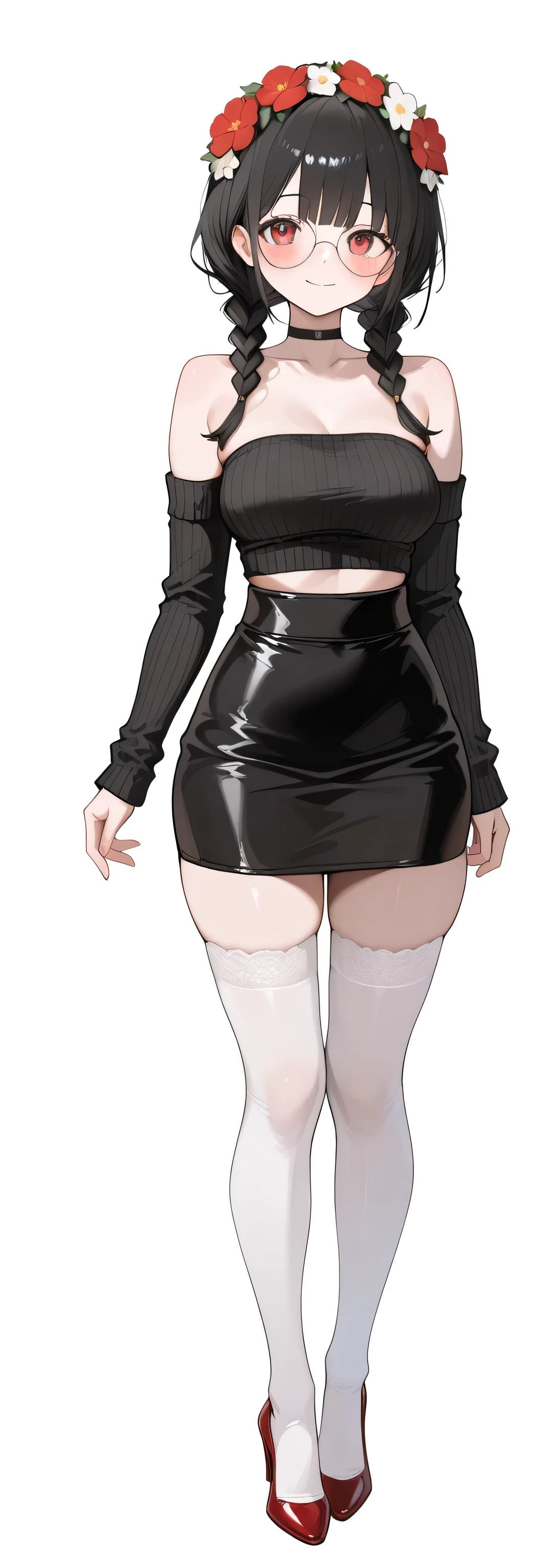 white background, sagawa style, aoisai123, detailed facial depiction, Fine Eyes, standing, full body, tall body,
1woman,beautiful woman, detailed face, fine eyes, cute eyes, red eyes, round glasses, looking at viewers, blush, flower headband, light smile, black knit detached sleeves, black hair, low twintails, braids, white thighhighs, red high heels,
breasts, black knit tube top, collarbone, black pencil skirt, black choker,
UHD, retina, accurate, masterpiece, anatomically correct, textured skin, super detail, high details, high quality, award winning, best quality, highres, 8k, 16k