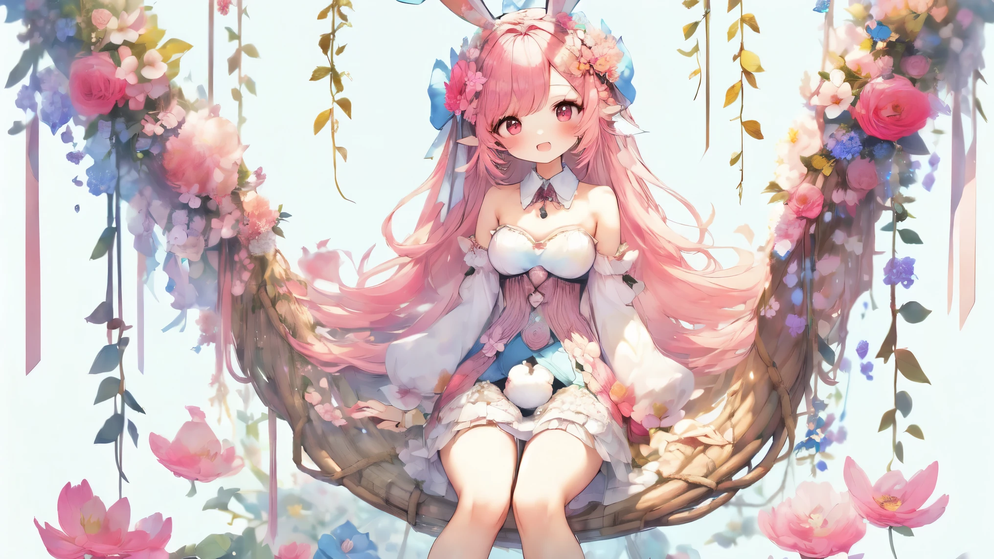(Highest Quality, Super Detailed:1.5), 8k,(one girl), (Elf Girl with Rabbit Ears:1.5),Platinum Blonde Hair, very long hair, round eyes,(Rabbit Ears Grow:1.5), ( RED Beautiful Eyes :1.5), full body, lift arms backwards, small breasts,(Beautiful Vines and Flowers々I'm playing with fairies like rabbits:1.5),(  beautiful flowers  々of each tree is in full bloom:1.5), (Beautiful Fantastic Forest in the Background:1.5), (long sleeve white and pink ruffle collar mini dress:1.5), (I'm sitting in a hammock。The hammock swings :1.5),(Girl holding a biologically accurate rabbit:1.5),

