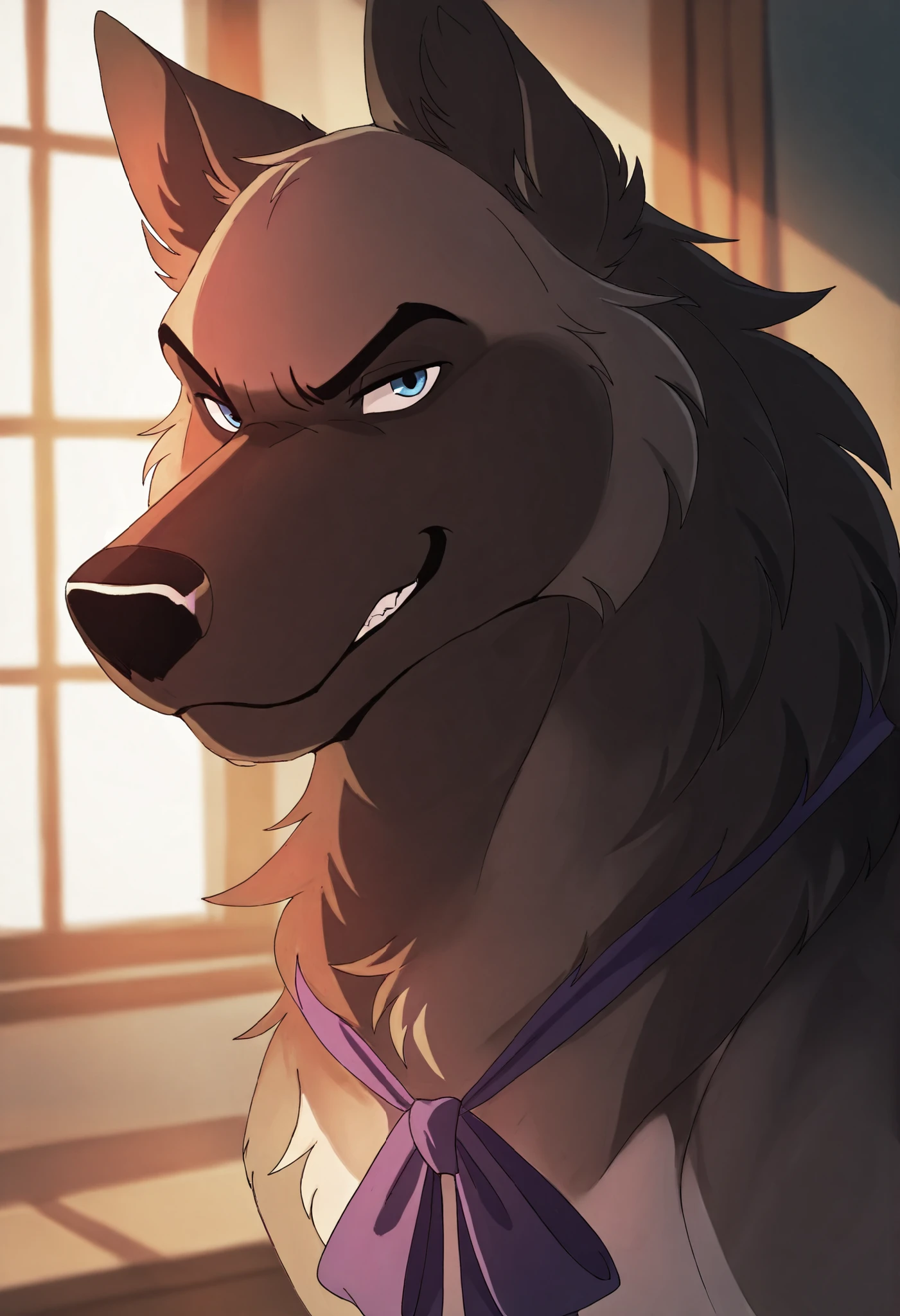 masterpiece,best quality,amazing quality, 1boy, solo, b4lt4z4r, dog, multicolored fur, blue eyes, purple neck ribbon, close up, side angle, smirk, looking at viewer,