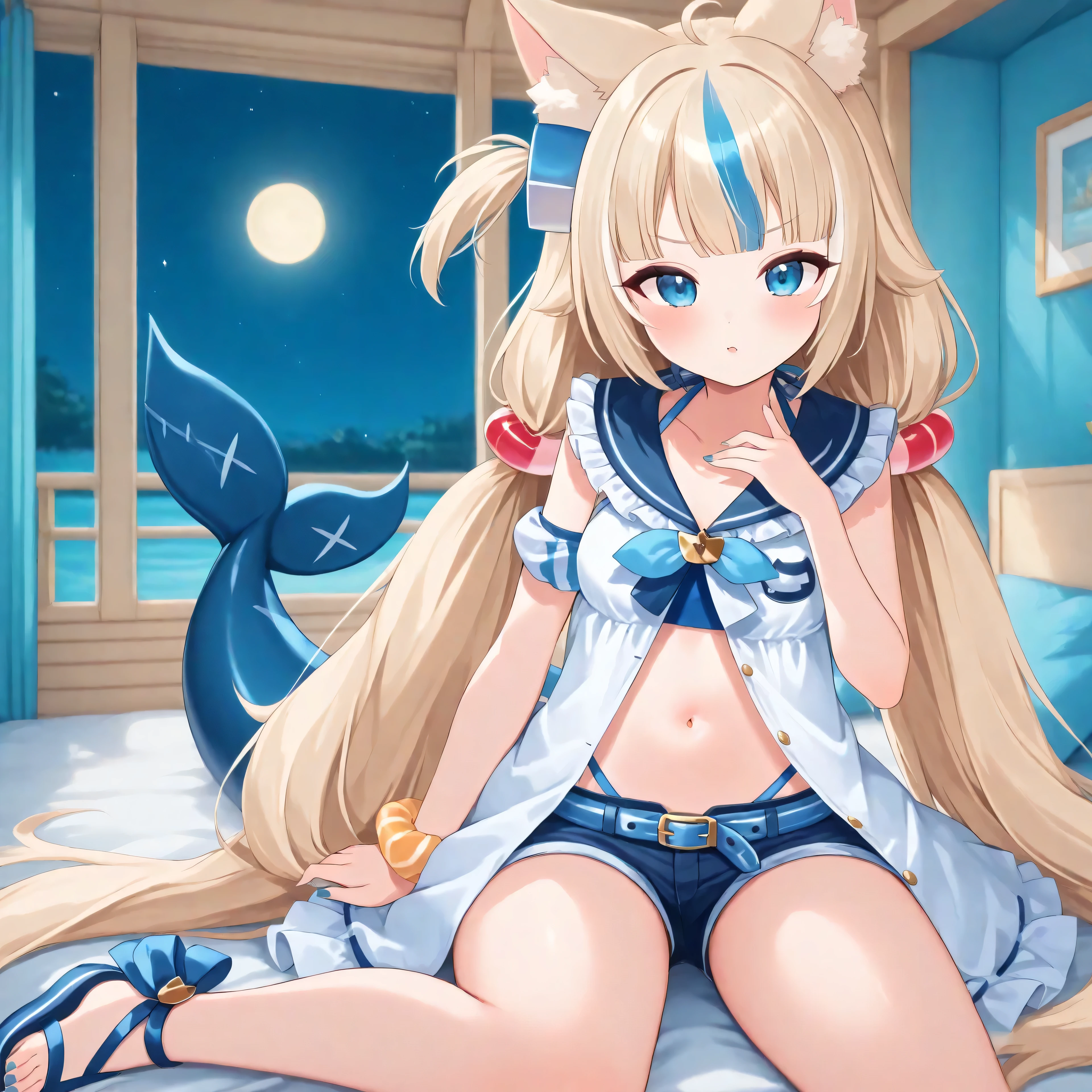 anime, lazypos, masterpiece, high contrast, vibrant colors, in bedroom, sitting on front of bed, night, night time, angled view, 1girl, blue eyes, blonde hair, blue hair, very long hair, streaked hair, ahoge, blunt bangs, low twintails, one side up, hair ornament, blush, cat ears, animal ear fluff, sailor dress, white dress, blue sailor collar, badge, single wrist scrunchie, blue nails, navel, open dress, swimsuit under clothes, blue bikini, short shorts, blue belt, fish tail, anklet, ankle bow, sandals,