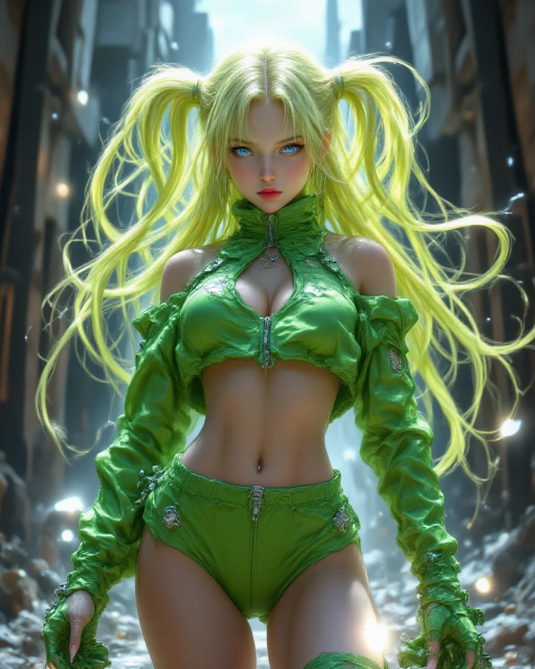 Rogue unsing micro string  in full body in foot circle, fantasy, style green and yellow suit, red and white hair, city background, , 30-megapixel, 4k, Canon EOS 5D Mark IV DSLR, 85mm lens, sharp focus, intricately detailed, long exposure time, f/8, ISO 100, diffuse back lighting, award winning photograph, facing camera, looking into camera, monovisions, perfect contrast, High sharpness, facial symmetry, depth of field, ultra-detailed photography, raytraced, global illumination,