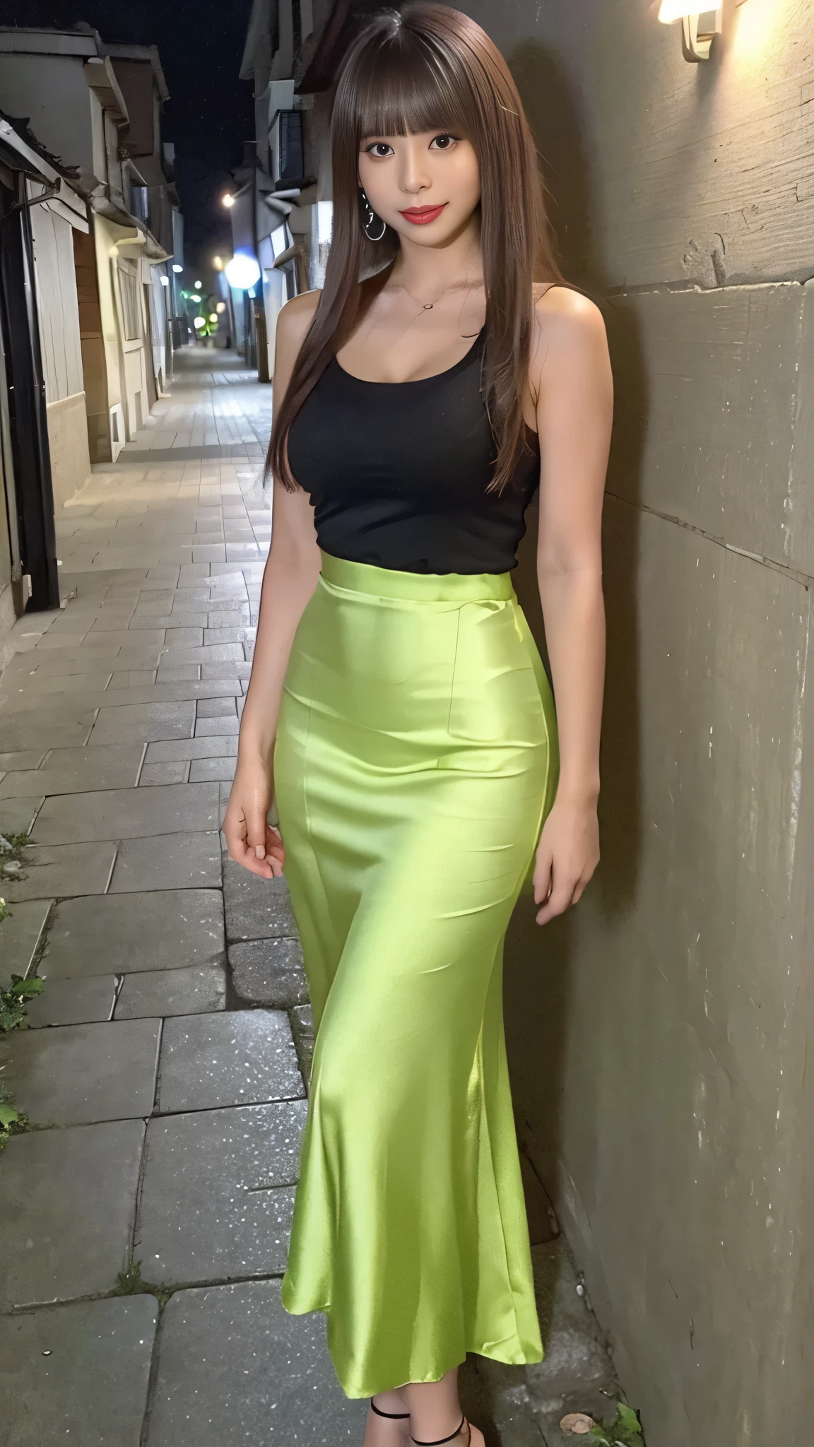 (portrait photo taken from the front),((Fluorescent yellowgreen satin High-Waisted long MermaidSkirt)),(The skirt fits snugly to the body),(masterpiece, Highest Quality , Ultra High Accuracy),realistic,highly detailed CG,Makeup that lengthens eyelashes,((straight long hair with bangs)),(Fitted Black Camisole),(Smile Yan),(Narrow Alley at Night),(Deserted alley)
