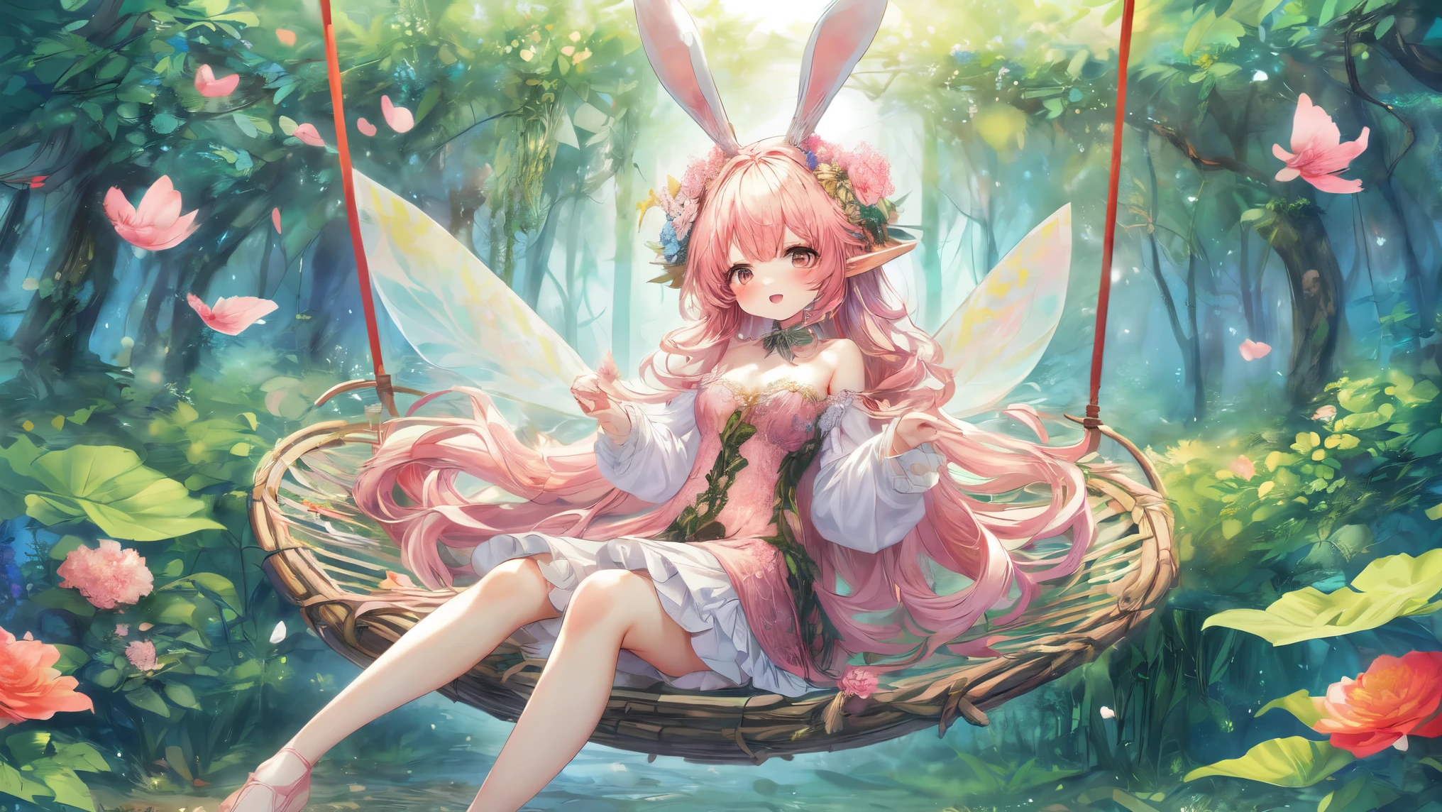 (Highest Quality, Super Detailed:1.5), 8k,(one girl), (Elf Girl with Rabbit Ears:1.5),Platinum Blonde Hair, very long hair, round eyes,(Rabbit Ears Grow:1.5), ( RED Beautiful Eyes :1.5), full body, lift arms backwards, small breasts,(Beautiful Vines and Flowers々I'm playing with fairies like rabbits:1.5),(  beautiful flowers  々of each tree is in full bloom:1.5), (Beautiful Fantastic Forest in the Background:1.5), (long sleeve white and pink ruffle collar mini dress:1.5), (I'm sitting in a hammock。The hammock swings :1.5),(Girl holding a biologically accurate rabbit:1.5),


