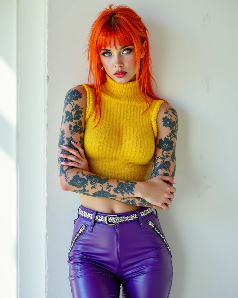 Sexy hot young (((punk girl))), colorful hair. portrait raw photography ,hyper realistic , detailed face, intricate, realistic skin texture, (((slim body))), Tattooed, ,  ((camel toes)) , wearing a little punk clothes. natural lighting. Skate park background.