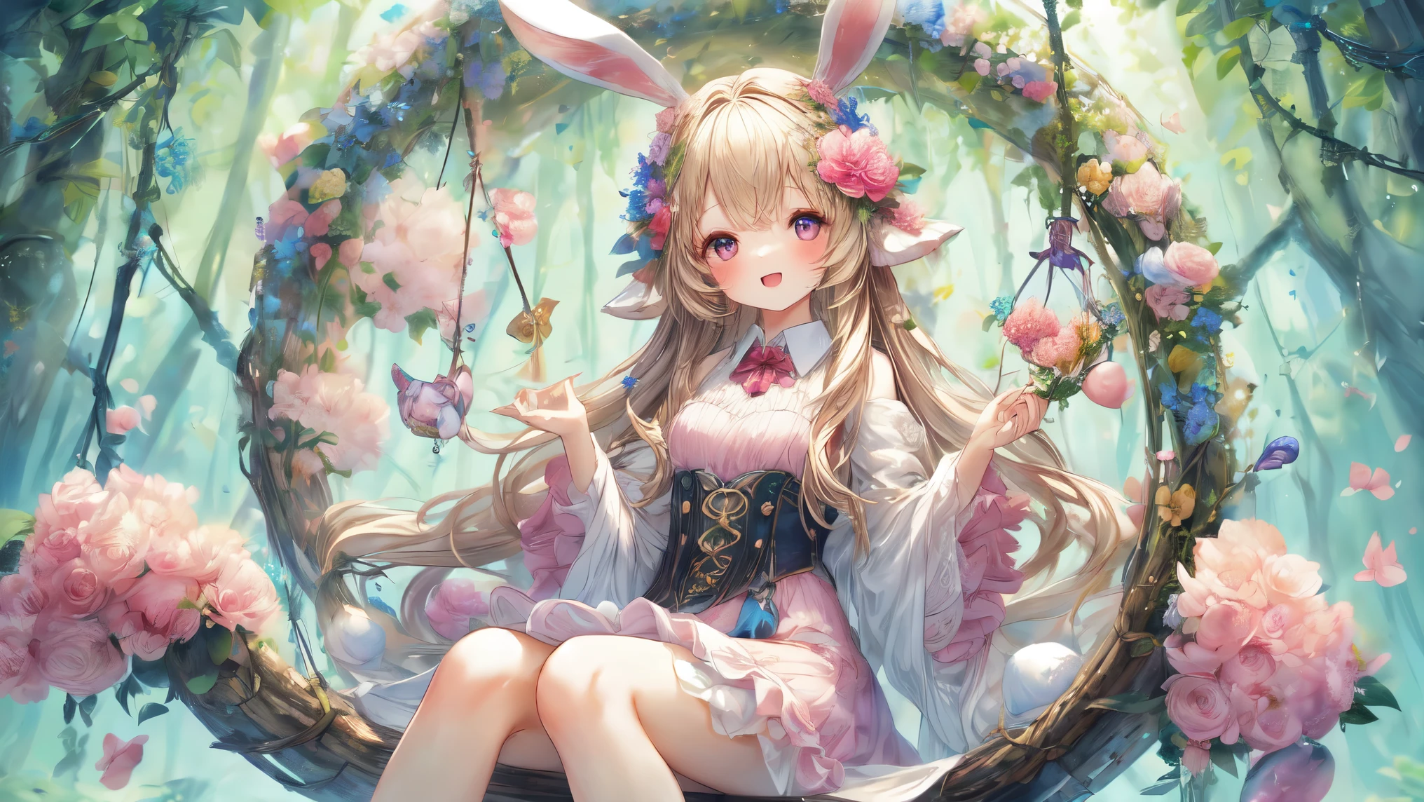 (Highest Quality, Super Detailed:1.5), 8k,(one girl), (Bunny Eared Elf Girl:1.5),Platinum Blonde Hair, very long hair, round eyes,(bunny ears grow:1.5), (anatomically accurate hands:1.5),(red beautiful eyes:1.5), Full Body, arms behind back, small breasts,(Beautiful Vines and Flowers々playing with fairies that look like rabbits:1.5),( beautiful flowers 々is in full bloom:1.5), (The background is a beautiful fantastic forest:1.5), (long-sleeved white and pink ruffle collared dress:1.5), (I'm sitting in a hammock woven with:1.5),(A girl is holding a biologically accurate rabbit:1.5),(anatomically accurate hands:1.5),