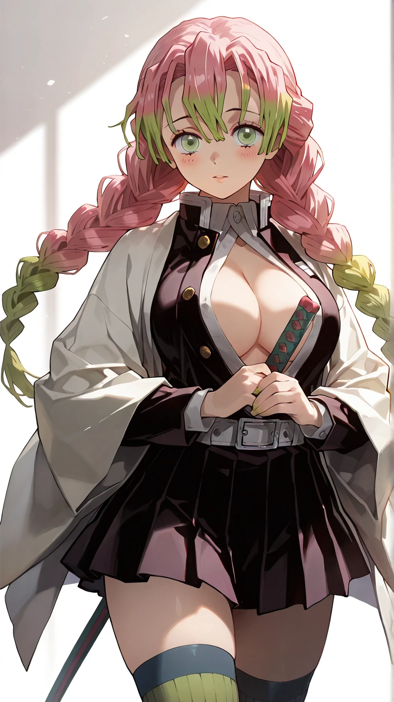 a woman in a Japanese  and short black skirt, long green socks, wrapped in a white kimono, beautiful Japanese student woman, long pink hair in 2 braids, giant , big cleavage, thick and curvy body, holding a sword, is running in the forest, the character Mitsuri kanroji