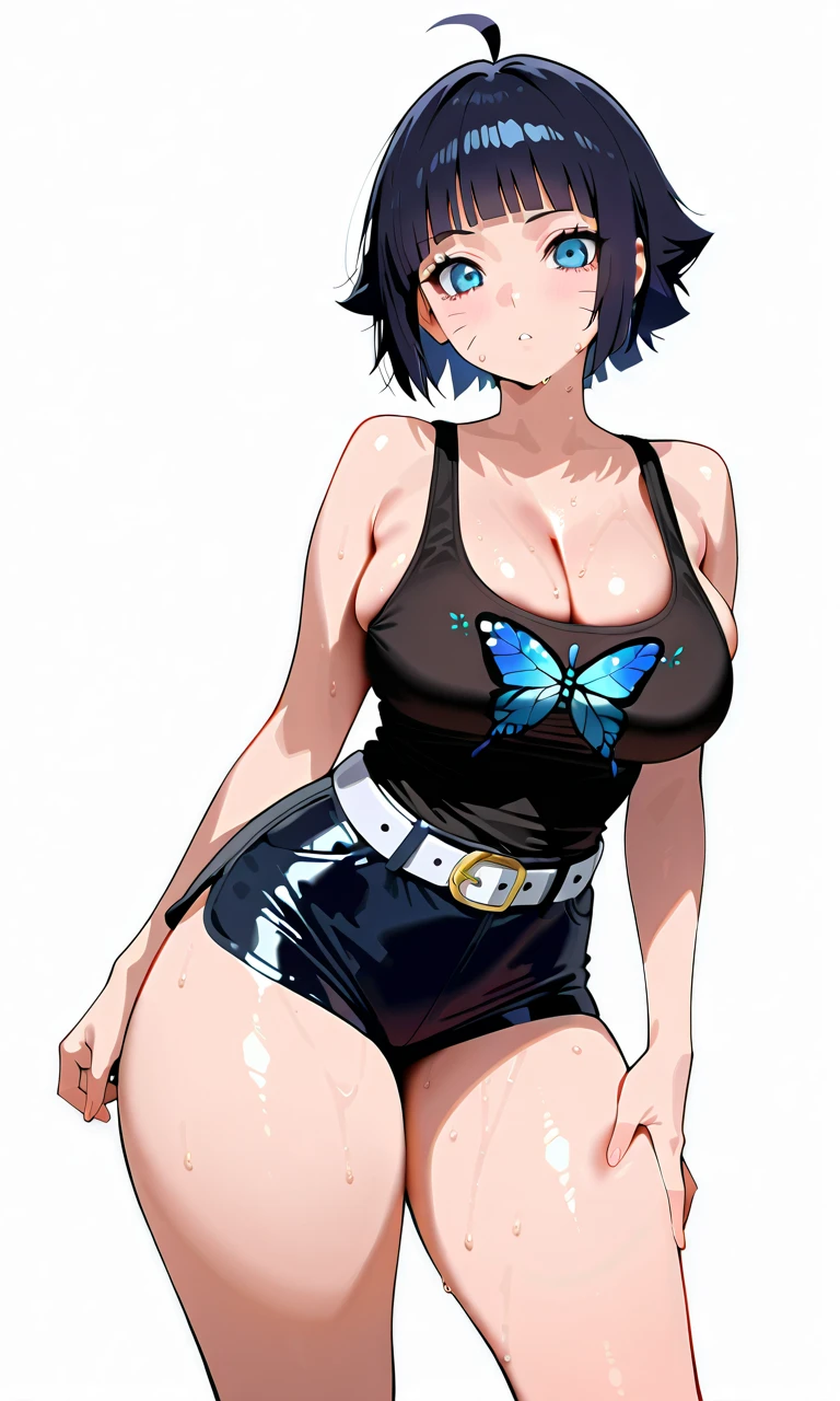 himawari uzumaki, short hair, bangs, blue eyes, black hair, blunt bangs, facial mark, whisker markings, ahoge, slender body, black tank top 、 Swarovski Rainbow Butterfly Print 、 EXTRA THICK WHITE BELT 、 Low Rise Leather Black Mini Hot Pants 、Big Breasts, standing, nice legs, white background, simple background, shiny legs, shiny body, shiny hair, clear skin, clear body, sweat, sweaty, sweaty:1.3, large breasts, contrapposto, thick thigh, thick thighs, looking at viewer, cleavage, bursting breasts,