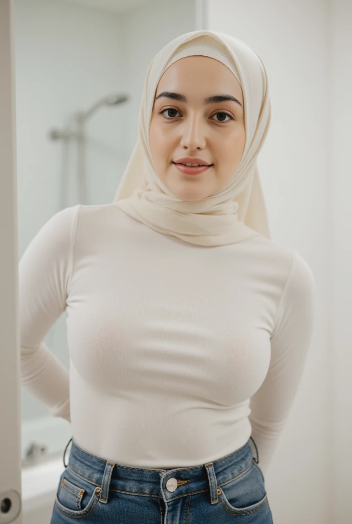 Smile (Indonesia grey Lace Hijab), 11 years old  in the bathroom 