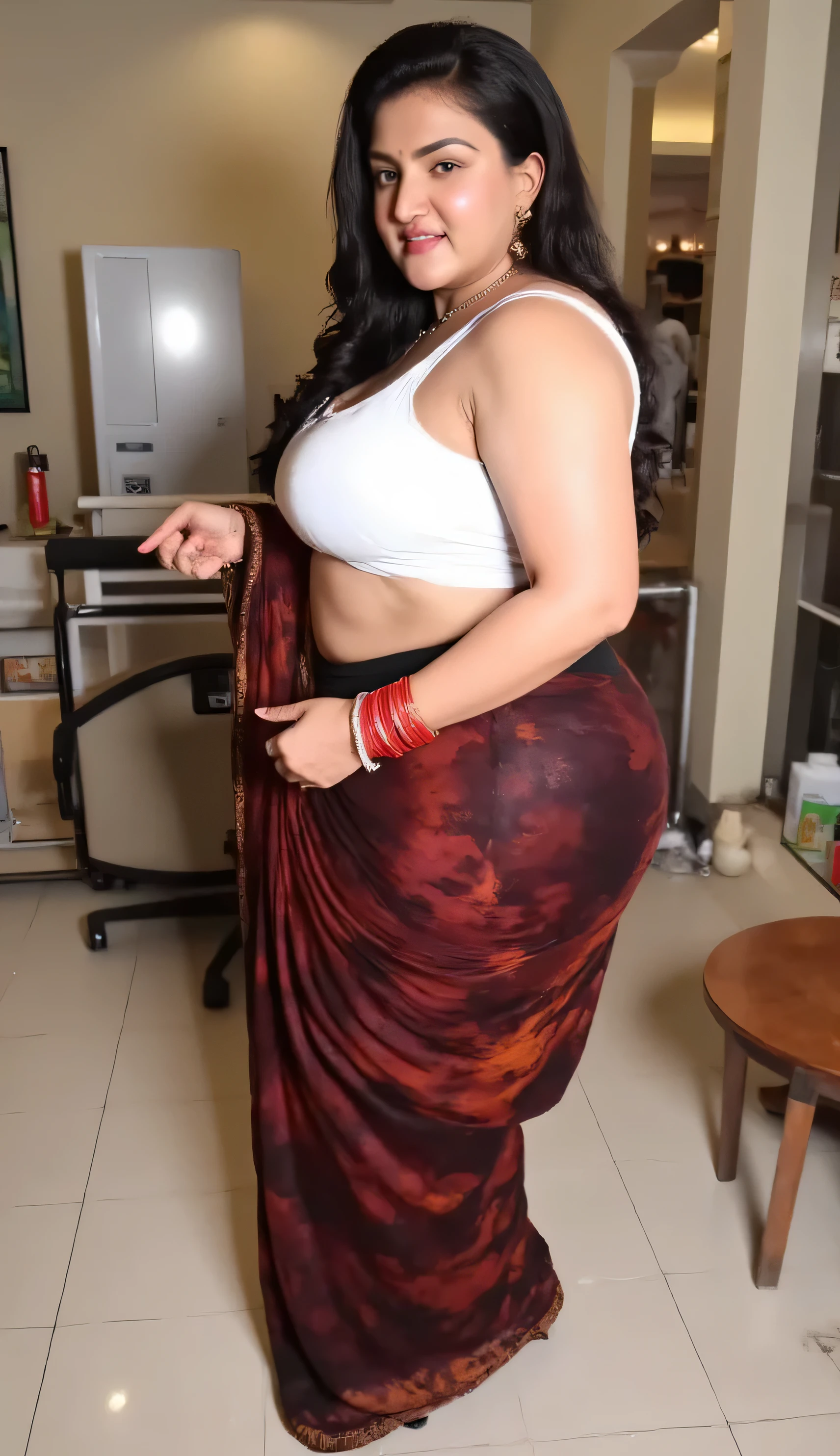 INDIAN MARRIED DESI BHABHI BRIDE , WET , BBW Full wet body picture , wet BBW Fat ass curvy milf woman IS LIFTING HER wet SAREE UP and showing her big curvy big ass in Tiny Black Thong Panty and sexy sleeveless White blouse in many red bangles , earings , lipstick , wet slutty body , sexy ,, WET body , wet hair