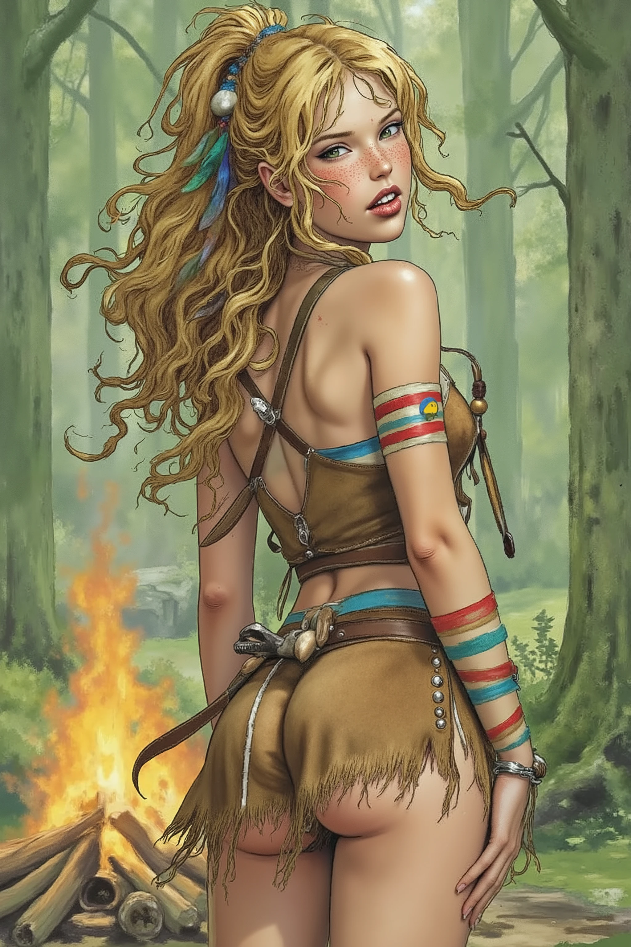 Teen,Teen Girl,itacomic1 illustration,Daria,C4STL3V4NI4,Girl,
💋 : Kaelia – The Wild Flower
🌟 : comicstyle, 4K, cinematisch, inspired by vivid nature photography with warm, wildem Glanz
🌌 : Dense forest with a flickering campfire, fresh air with the scent of earth and herbs
😈 : Young woman with a freckled, tanned face, hellblaue, wache Augen, wild honey-colored mane tied in a high ponytail, a few strands are blowing in the wind, schlanke, sinewy stature with agile grace
🔥 : Wearing a skin-tight halter top made of tanned leather, medium, frayed leather skirt up to mid-thigh, barefoot with scarred feet, lightweight premium suede vest with river stones and wooden beads, Schmuck aus Federn, Fischknochen, braided grasses and boar's tusks, painted with wild stripes of colored earth on arms and face, steht in Bewegung, lehnt sich an, rocking on the balls of her feet, expression of curiosity, mischief and energy