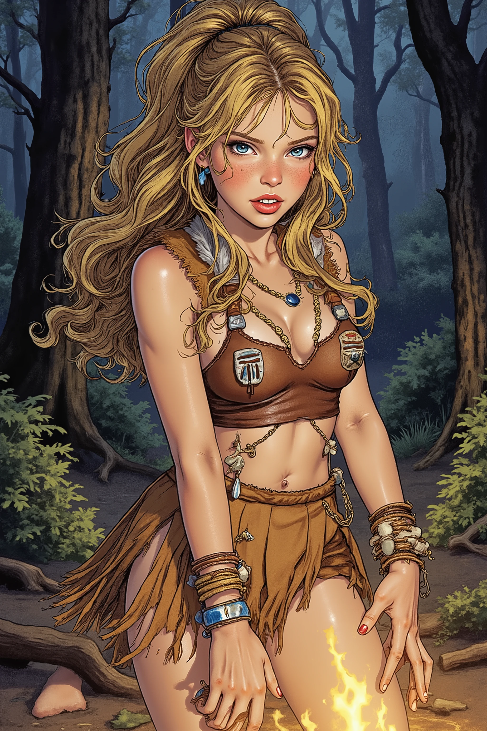 Teen,Teen Girl,itacomic1 illustration,Daria,C4STL3V4NI4,Girl,
💋 : Kaelia – Die Wilde Blume
🌟 : comicstyle, 4K, don Lawrence Style, inspiriert von comics der 80er und Amazonengeschichten
🌌 : Dichter Wald mit flackerndem Lagerfeuer, frische Luft mit Duft von Erde und Kräutern
😈 : Junge Frau mit sommersprossigem, gebräuntem Gesicht, hellblaue, wache Augen, wilde honigfarbene Mähne zu einem hohen Pferdeschwanz gebunden, einige Strähnen wehen im Wind, schlanke, sehnige Statur mit agiler Grazie
🔥 : Trägt ein hautenges Trägeroberteil aus gegerbtem Leder, medium, ausgefranste Lederrock bis mid-thigh, barfuß mit narbenbedeckten Füßen, leichte pprimitive Wildlederweste mit Flusssteinen und Holzperlen, Schmuck aus Federn, Fischknochen, geflochtenen Gräsern und Eberzähnen, bemalt mit wilden Streifen aus farbiger Erde auf Armen und Gesicht, steht in Bewegung, lehnt sich an, wippt auf den Fußballen, Ausdruck von Neugier, Schabernack und Energie