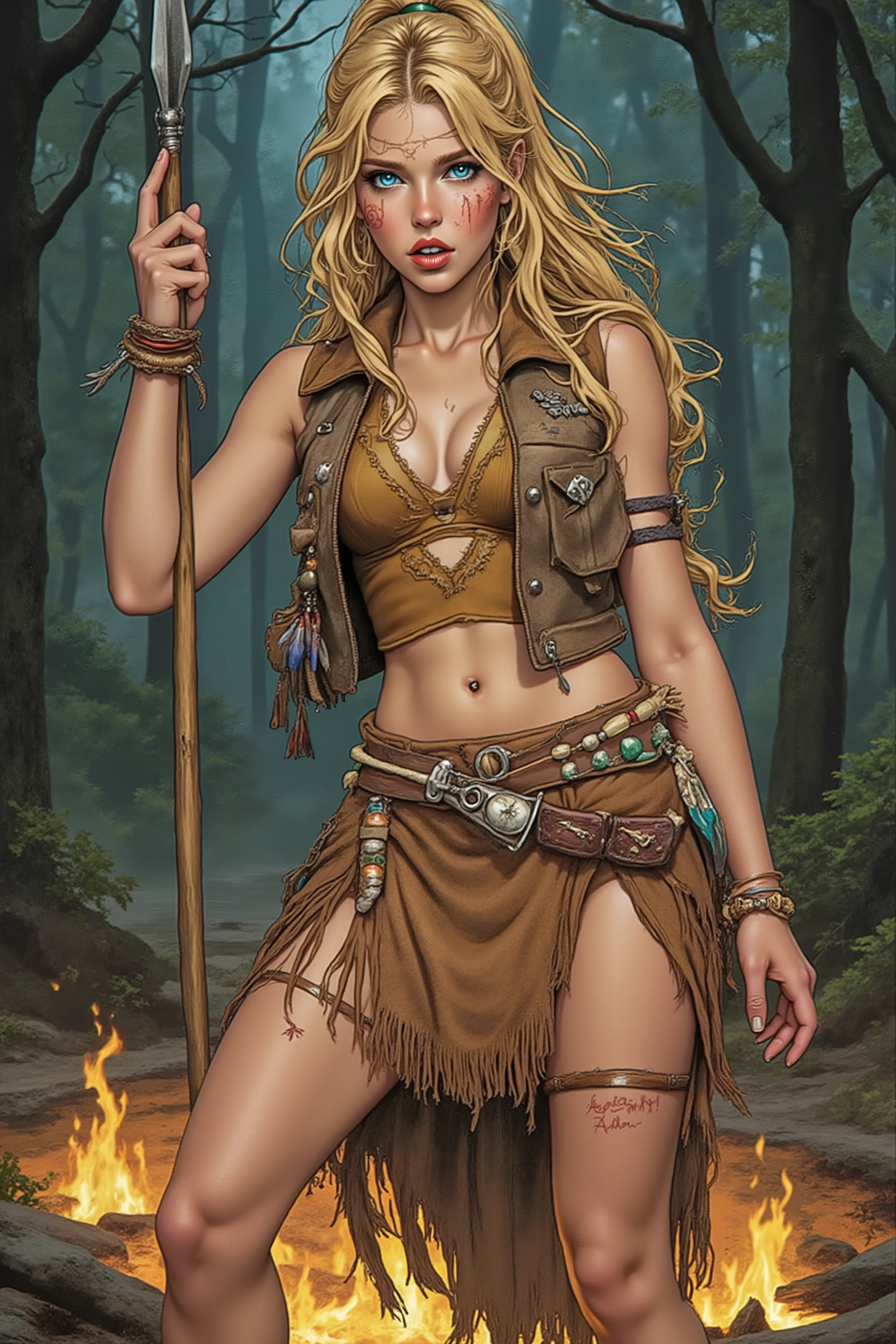 Teen,Teen Girl,itacomic1 illustration,Daria,C4STL3V4NI4,Girl,
💋 : Kaelia – Die Wilde Blume
🌟 : Comicstyle, 4K, Don Lawrence Style, inspiriert von Comics der 80er und Amazonengeschichten
🌌 : Dichter Wald mit flackerndem Lagerfeuer, frische Luft mit Duft von Erde und Kräutern
😈 : Junge Frau mit sommersprossigem, gebräuntem Gesicht, hellblaue, wache Augen, wilde honigfarbene Mähne zu einem hohen Pferdeschwanz gebunden, einige Strähnen wehen im Wind, schlanke, sehnige Statur mit agiler Grazie
🔥 : Trägt ein hautenges Trägeroberteil aus gegerbtem Leder, mittellanger ausgefranster Lederrock bis mid-thigh, barfuß mit narbenbedeckten Füßen, leichte primitive Wildlederweste mit Flusssteinen und Holzperlen, Schmuck aus Federn, Fischknochen, geflochtenen Gräsern und Eberzähnen, bemalt mit wilden Streifen aus farbiger Erde auf Armen und Gesicht, neue Pose: steht in kämpferischer Haltung, ein Bein vorgestellt, Arm erhoben mit einem improvisierten Speer, wippt leicht, Ausdruck von Neugier, Schabernack und Energie