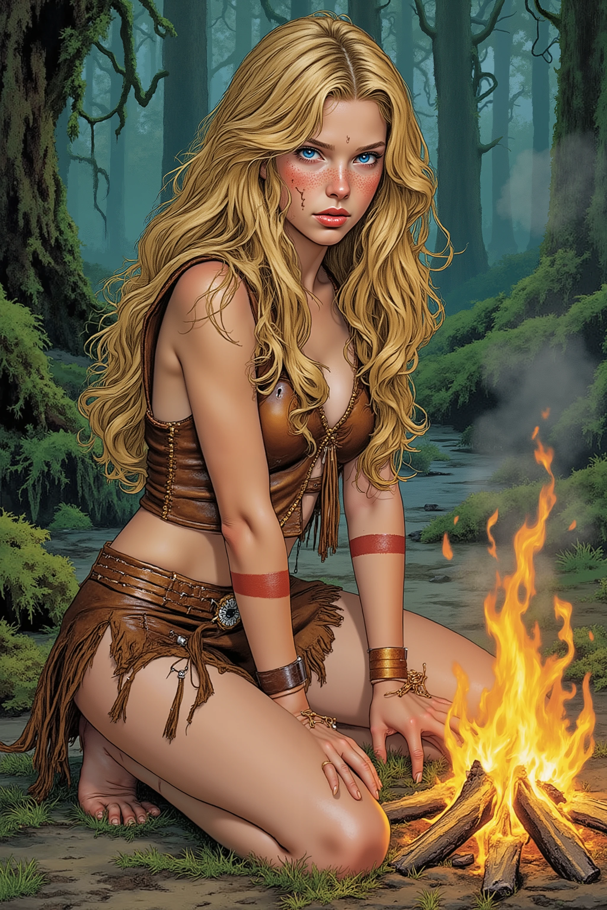 Teen,Teen Girl,itacomic1 illustration,Daria,C4STL3V4NI4,Girl,
💋 : Kaelia – Die Wilde Blume
🌟 : Comicstyle, 4K, Don Lawrence Style, inspiriert von Comics der 80er und Amazonengeschichten
🌌 : Dichter Wald mit flackerndem Lagerfeuer, frische Luft mit Duft von Erde und Kräutern
😈 : Junge Frau mit sommersprossigem, gebräuntem Gesicht, hellblaue, wache Augen, wilde honigfarbene Mähne zu einem hohen Pferdeschwanz gebunden, einige Strähnen wehen im Wind, schlanke, sehnige Statur mit agiler Grazie
🔥 : Trägt ein hautenges Trägeroberteil aus gegerbtem Leder, mittellanger ausgefranster Lederrock bis mid-thigh, barfuß mit narbenbedeckten Füßen, leichte primitive Wildlederweste mit Flusssteinen und Holzperlen, Schmuck aus Federn, Fischknochen, geflochtenen Gräsern und Eberzähnen, bemalt mit wilden Streifen aus farbiger Erde auf Armen und Gesicht, neue Pose: kniet am Lagerfeuer, blickt intensiv und nachdenklich ins Feuer, Ausdruck von tiefer Reflexion und stiller Stärke