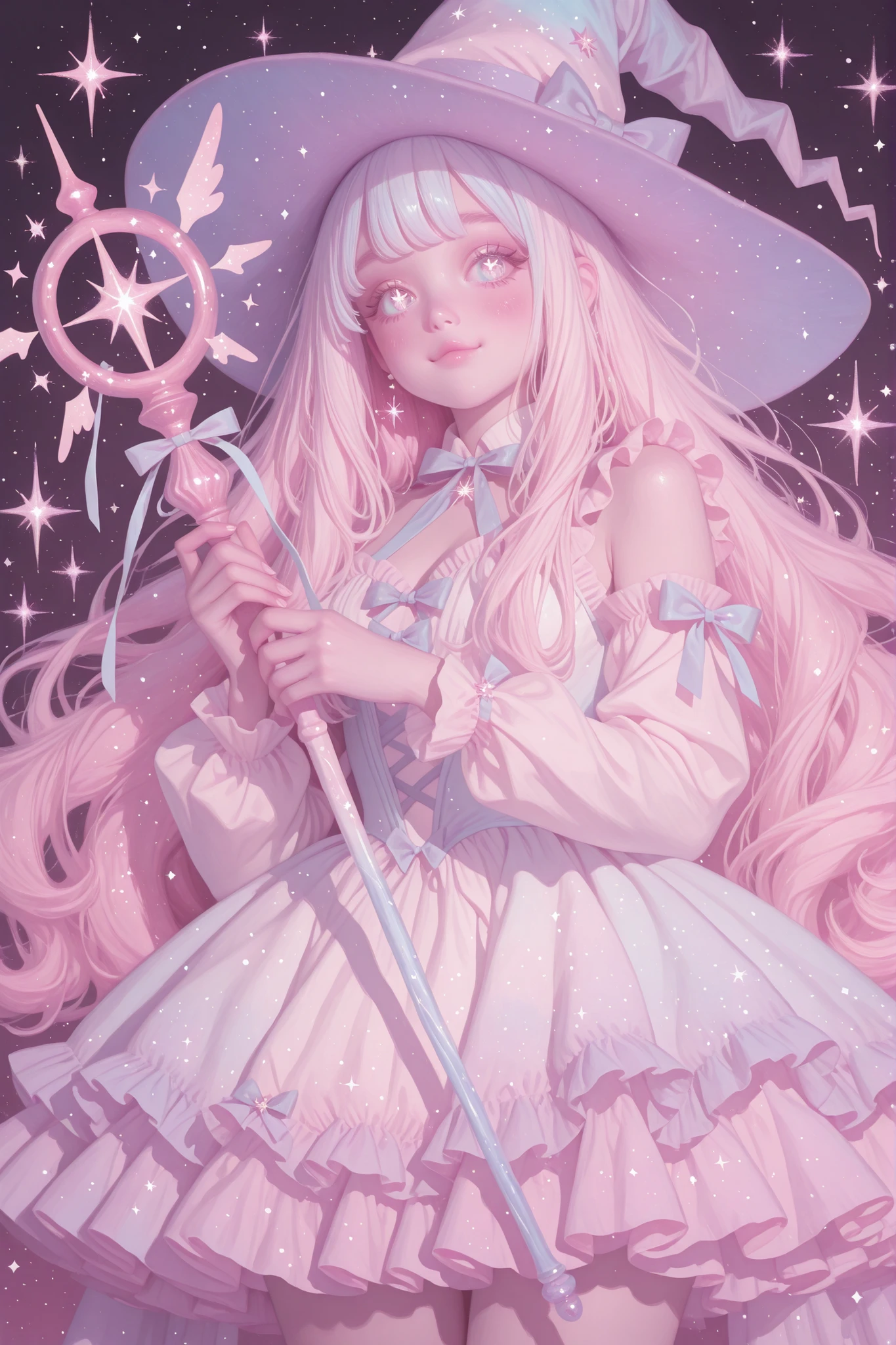A cute kawaii witch, soft pastel color palette, large sparkling eyes, round cheeks, flowing pastel hair with ribbons, wearing a frilly pastel dress and a small pointed witch hat, holding a tiny magical staff, surrounded by floating sparkles and magical energy, whimsical and dreamy background, soft lighting, highly detailed, charming and adorable aesthetic, illustration, anime style