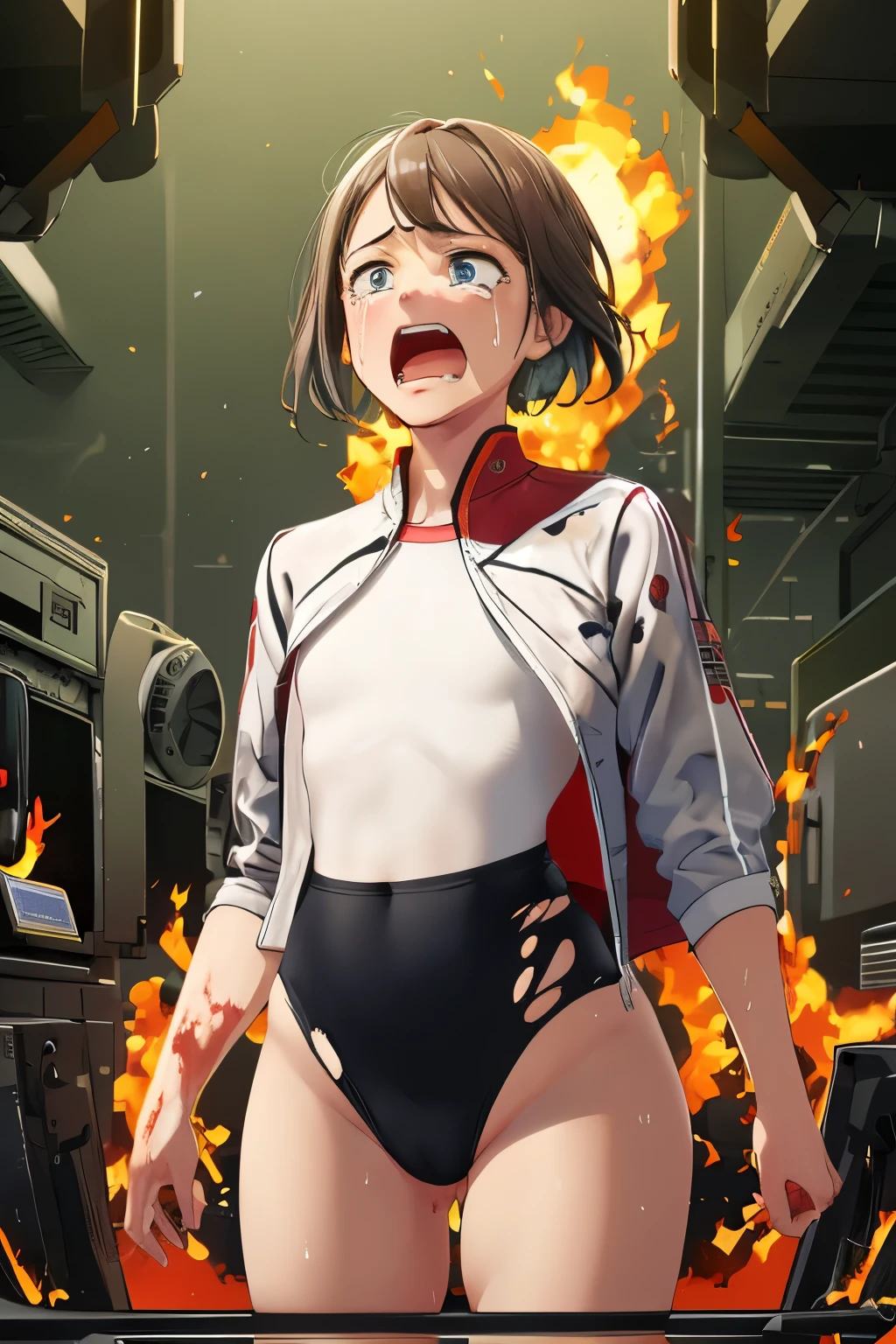 cockpit_explosion, fire, electricity, screaming, explosion, science fiction, wide-eyed, tearing clothes, standing, blood, scared, sweat, crying, mecha, torn clothes, tears, cockpit,1girl、wearing black gymnastics bloomers,high leg,white blouse,cowboy shot,self wedgie,bloomers pull myself,後ろに寄りかかる、体を反らせる、後ろに反らせる、串刺し、体を後ろに反らせる、エビ反り,爆風、衝撃、破壊、吹き飛ぶ、消滅、焼き尽くされる
