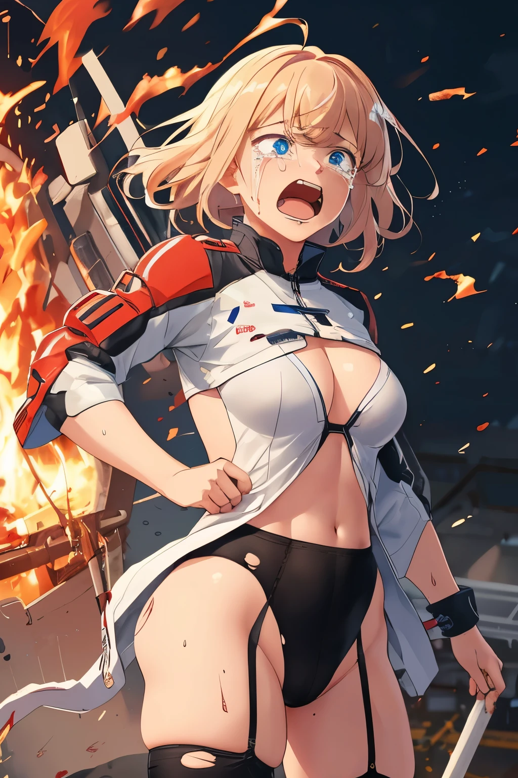 cockpit_explosion, fire, electricity, screaming, explosion, science fiction, wide-eyed, tearing clothes, standing, blood, scared, sweat, crying, mecha, torn clothes, tears, cockpit,1girl、wearing black gymnastics bloomers,high leg,white blouse,cowboy shot,self wedgie,bloomers pull myself,後ろに寄りかかる、体を反らせる、後ろに反らせる、串刺し、体を後ろに反らせる、エビ反り,爆風、衝撃、破壊、吹き飛ぶ、消滅、焼き尽くされる